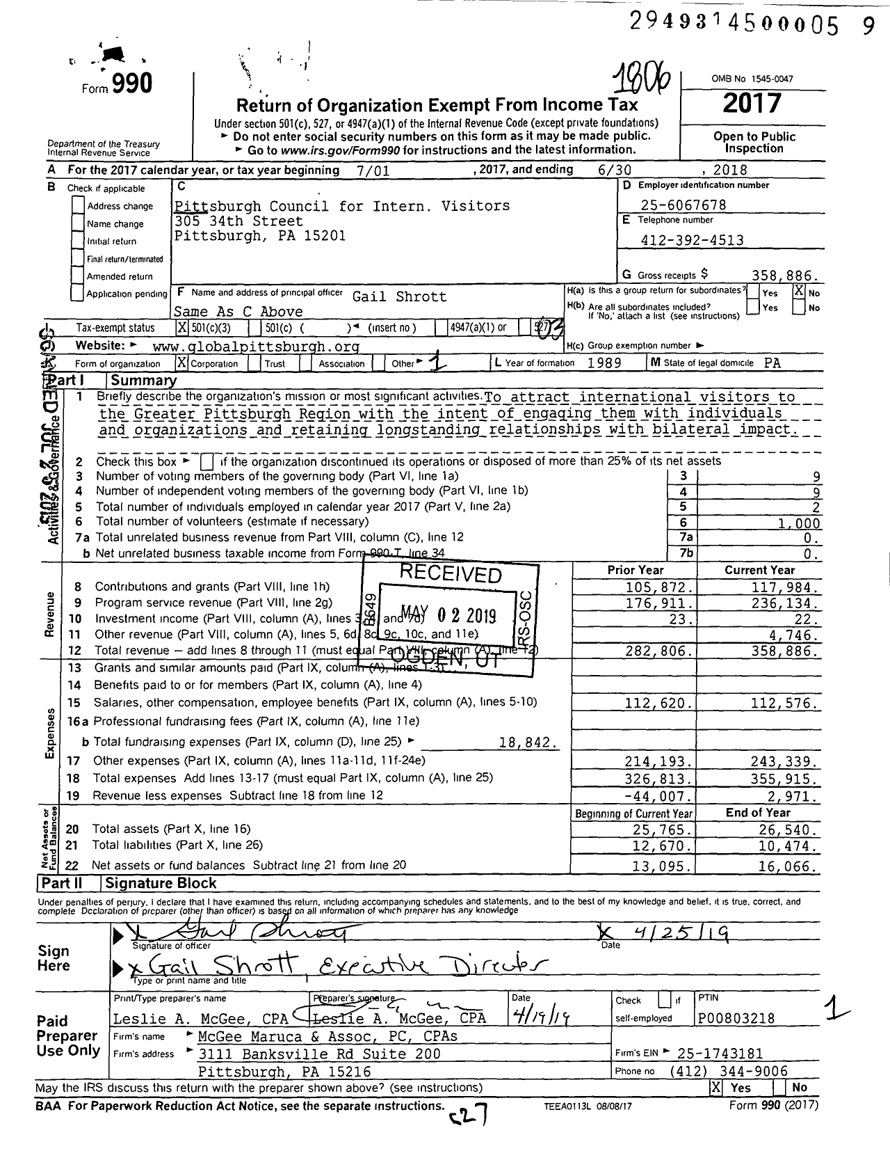 Image of first page of 2017 Form 990 for GlobalPittsburgh