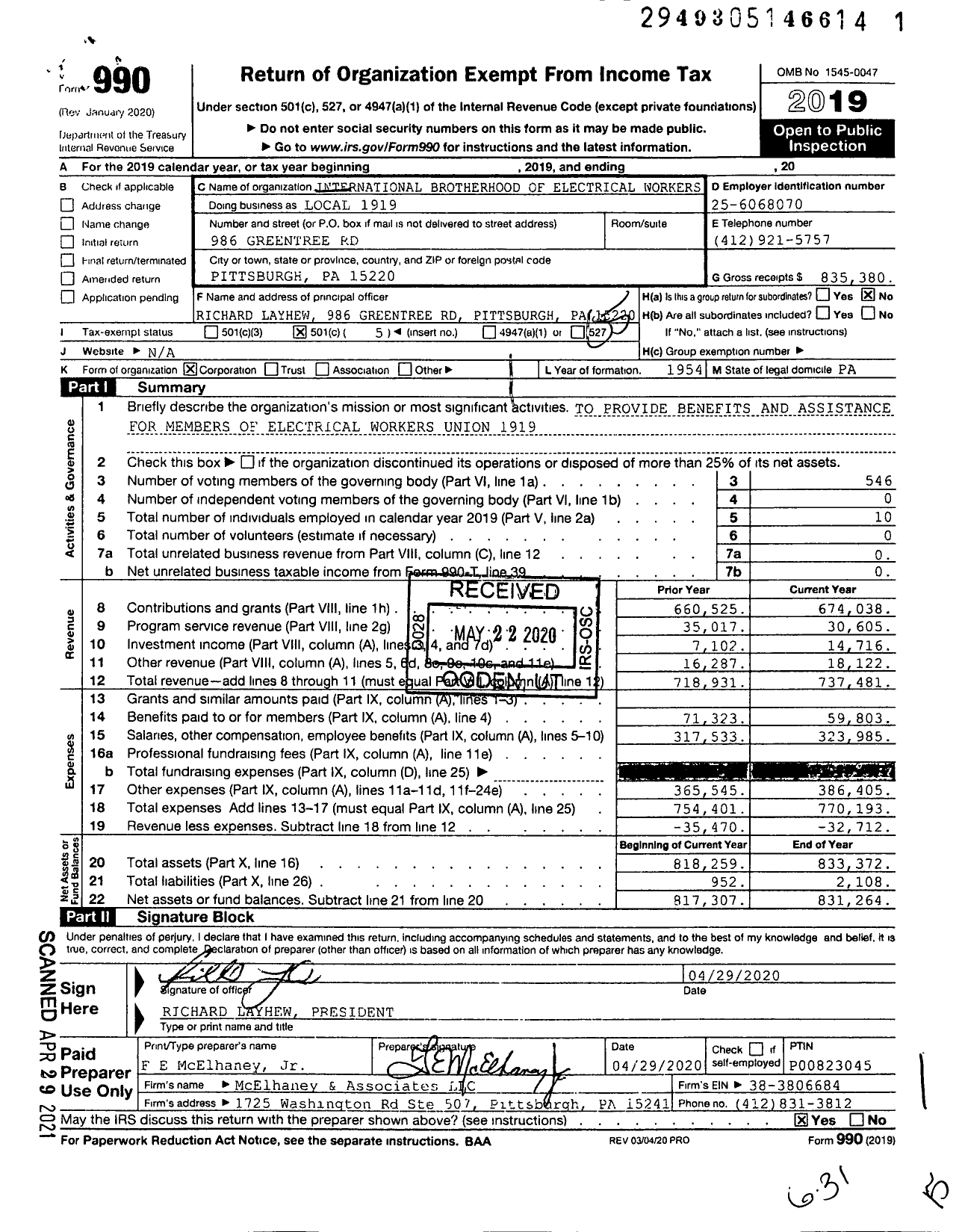 Image of first page of 2019 Form 990O for International Brotherhood of Electrical Workers