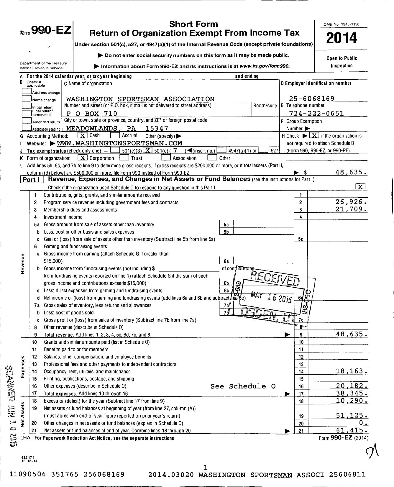 Image of first page of 2014 Form 990EO for Washington Sportsmens Association