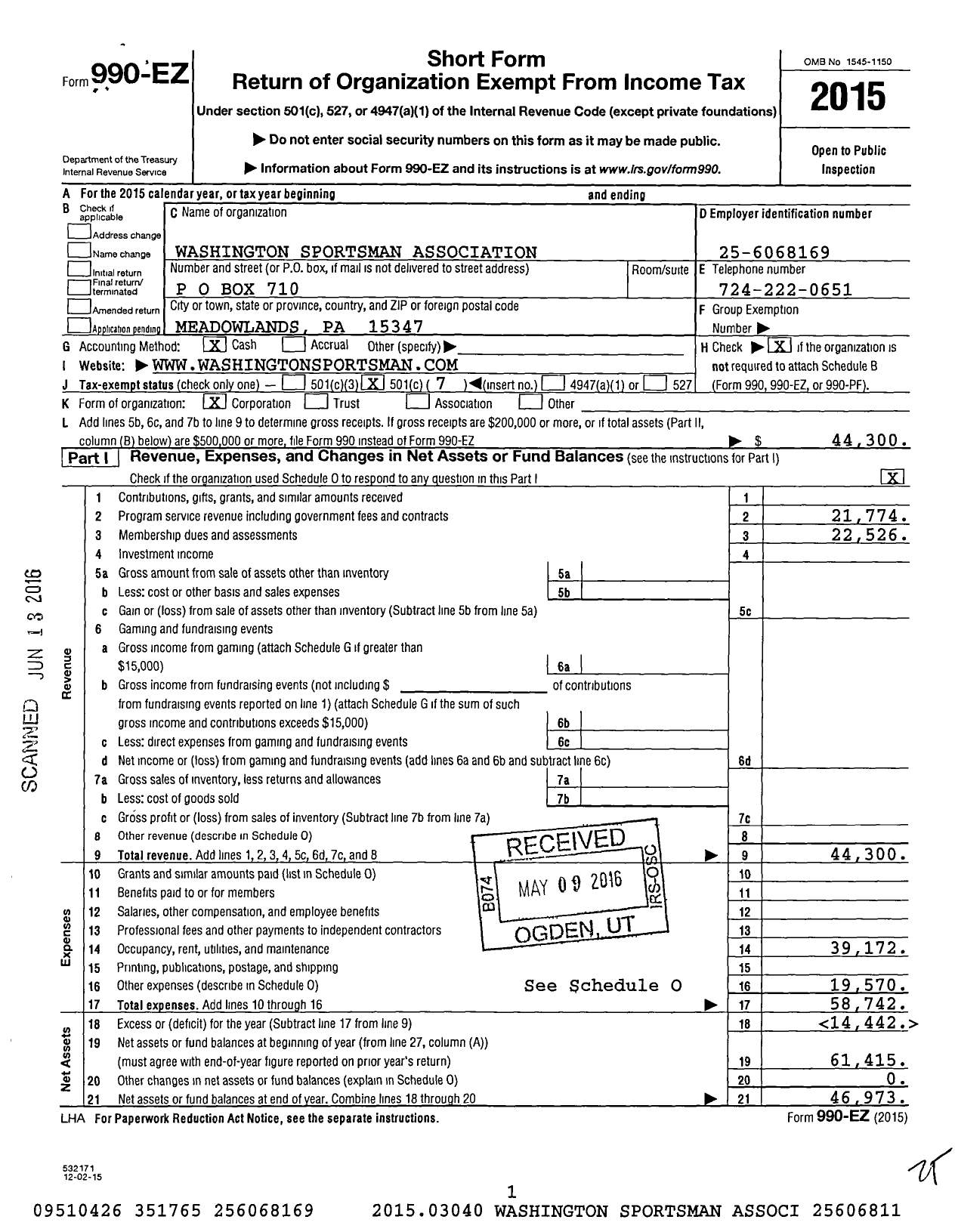 Image of first page of 2015 Form 990EO for Washington Sportsmens Association