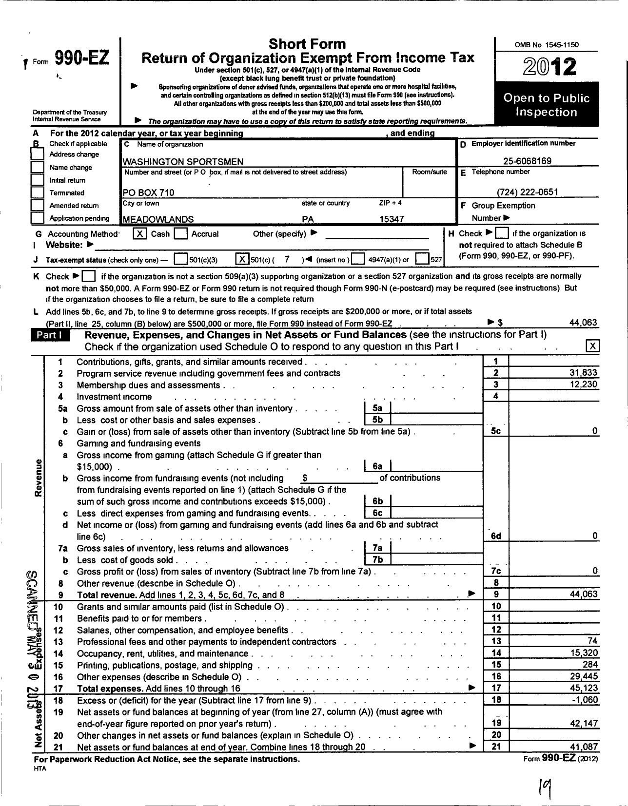 Image of first page of 2012 Form 990EO for Washington Sportsmens Association