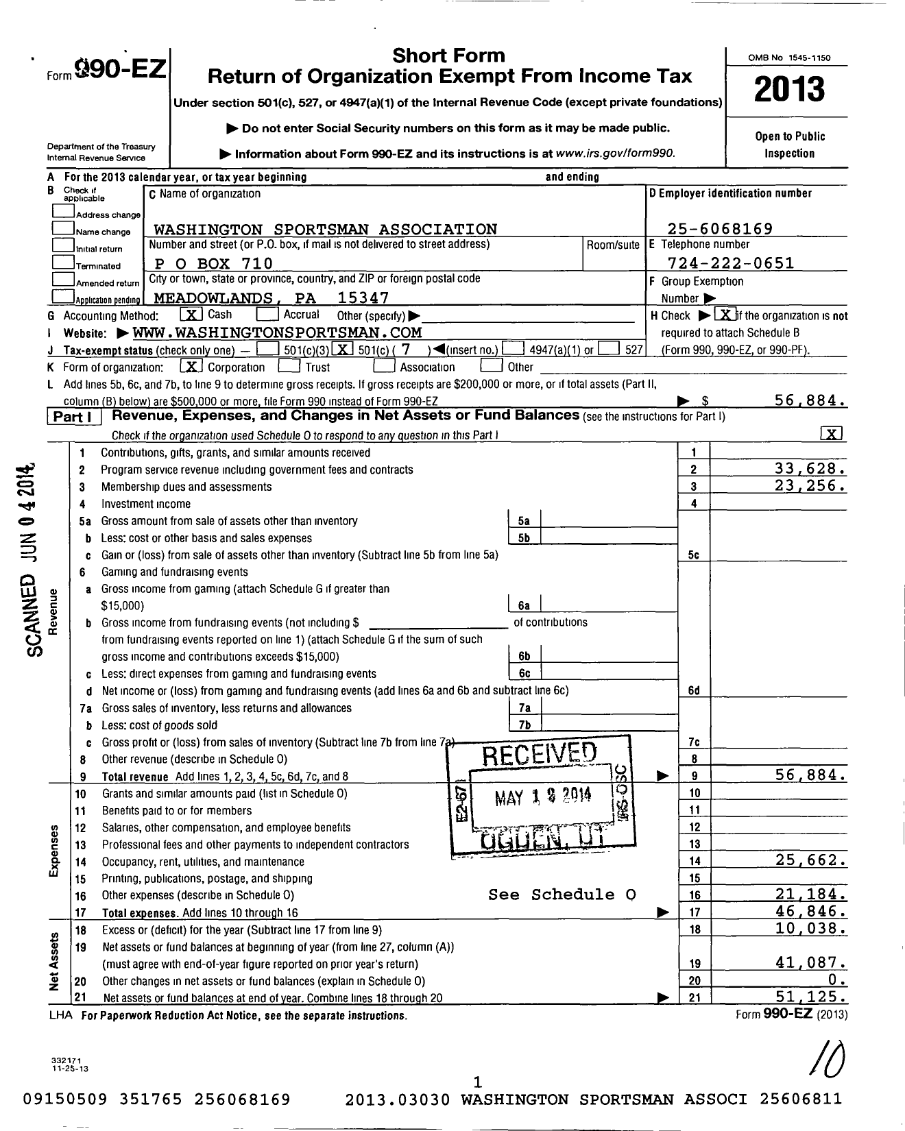 Image of first page of 2013 Form 990EO for Washington Sportsmens Association