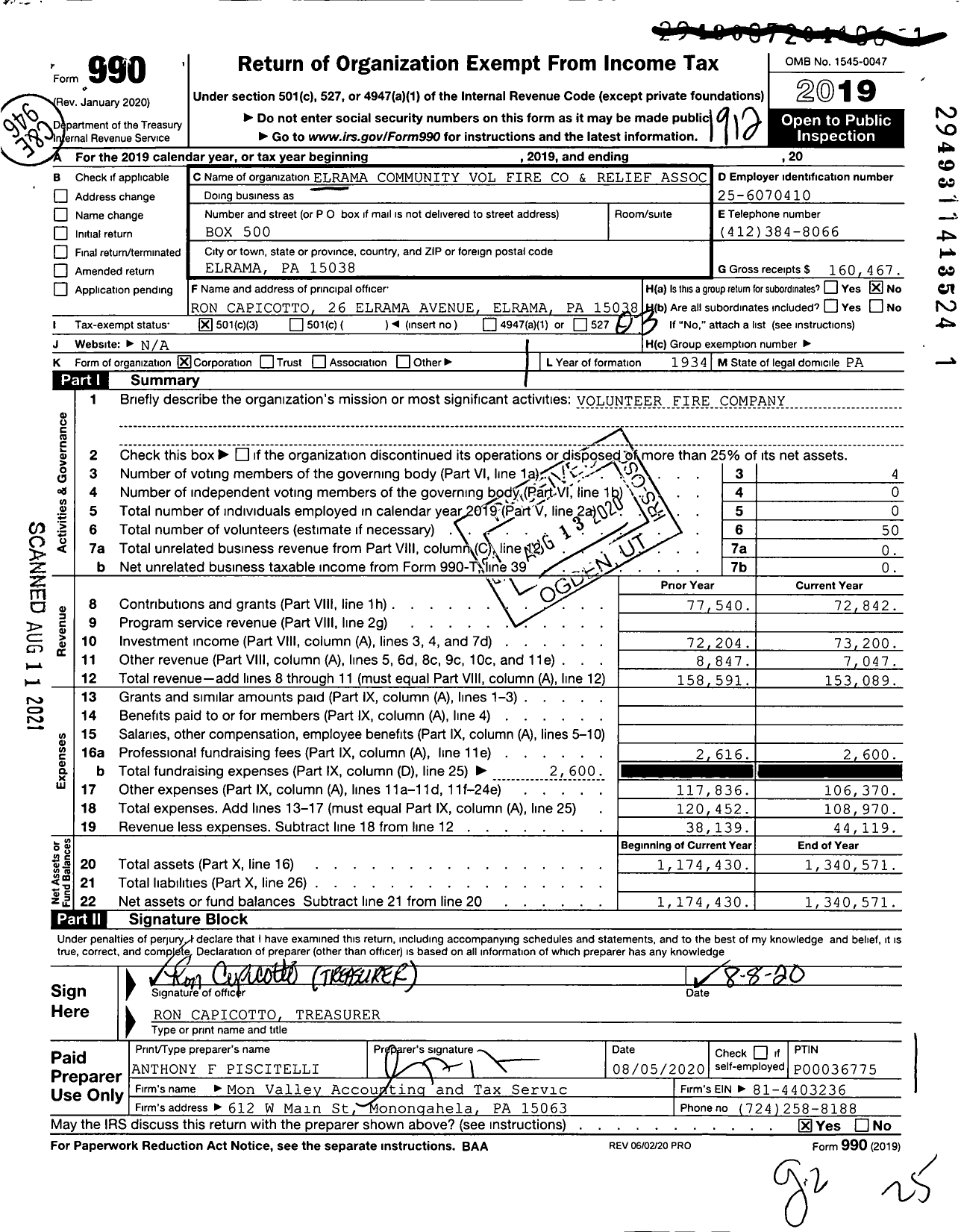 Image of first page of 2019 Form 990 for Elrama Community Volunteer Fire and Relief Association