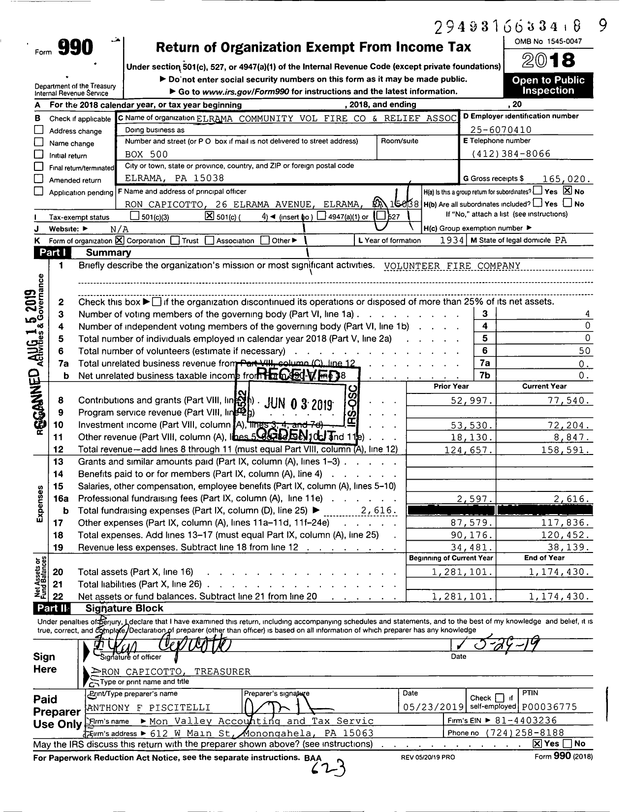 Image of first page of 2018 Form 990O for Elrama Community Volunteer Fire and Relief Association