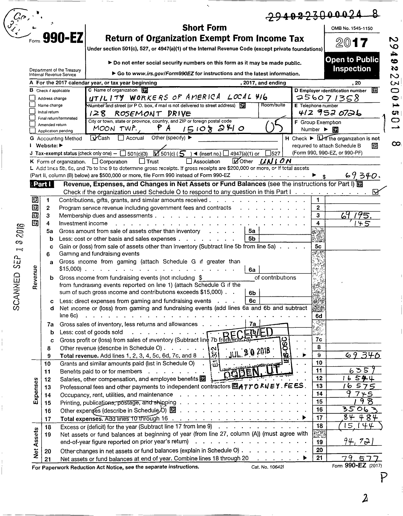 Image of first page of 2017 Form 990EO for Utility Workers Union of America - 416 Uwua