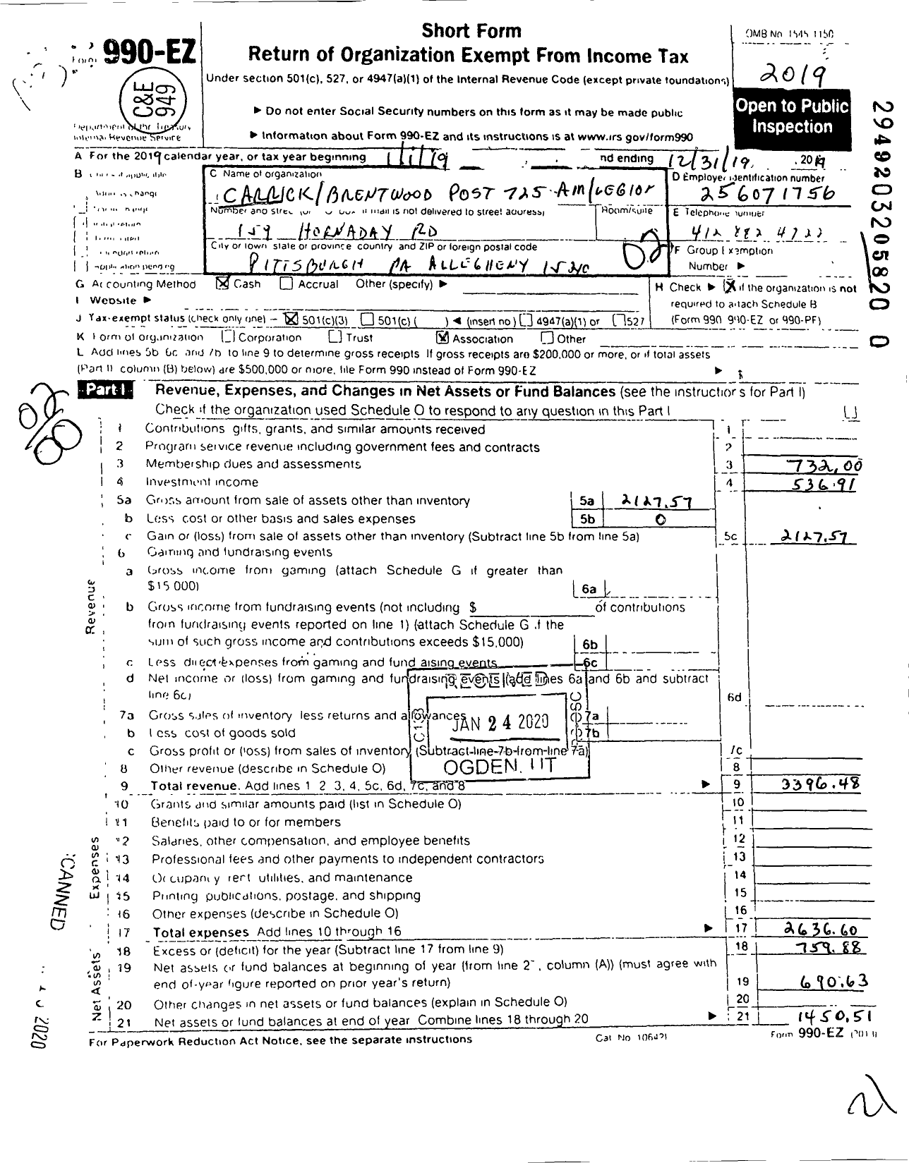 Image of first page of 2019 Form 990EO for Carrick Brentwood Legionnaire