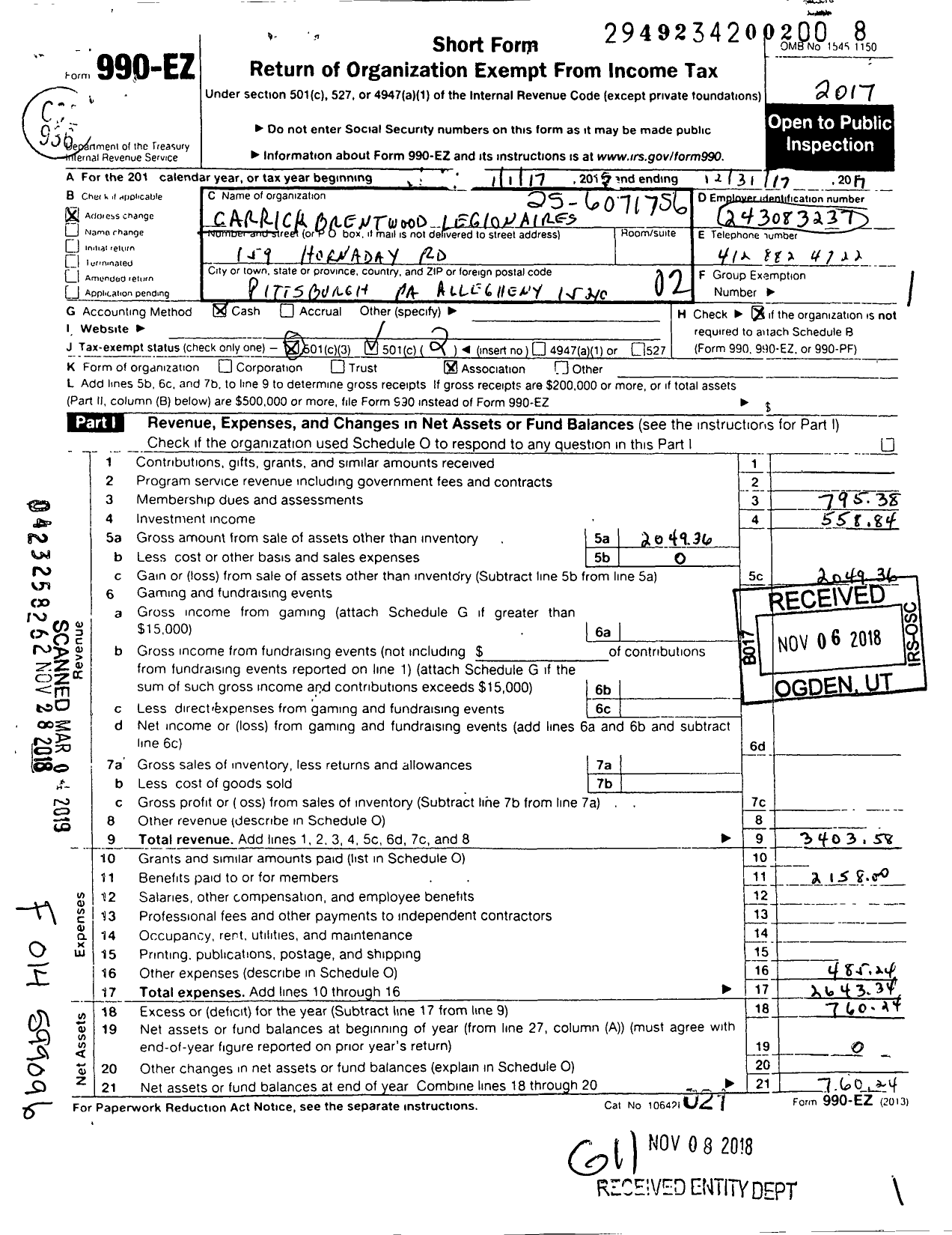 Image of first page of 2017 Form 990EO for Carrick Brentwood Legionnaire