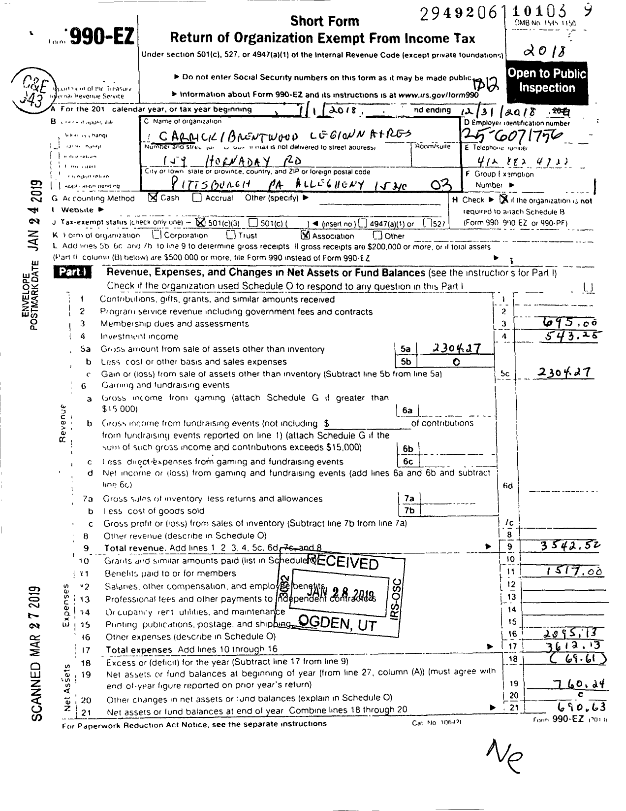 Image of first page of 2018 Form 990EZ for Carrick Brentwood Legionnaire