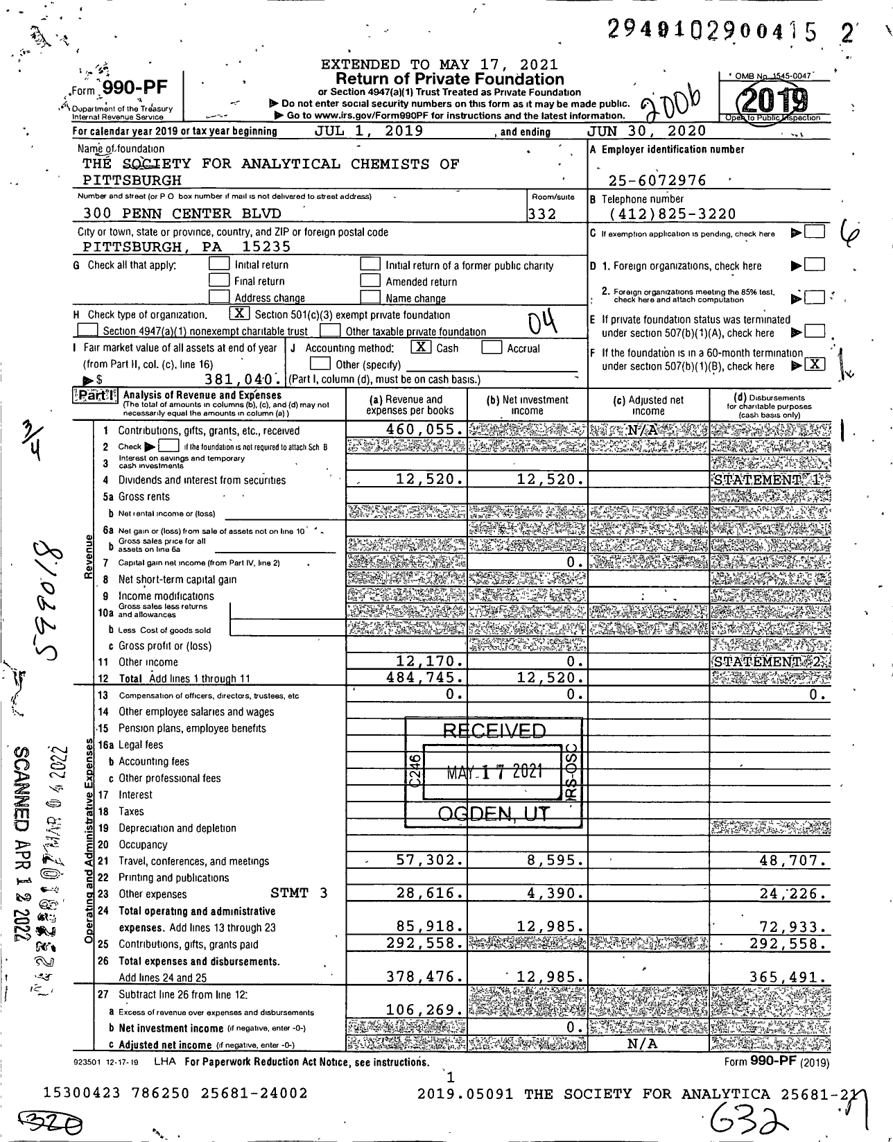 Image of first page of 2019 Form 990PF for The Society for Analytical Chemists of Pittsburgh