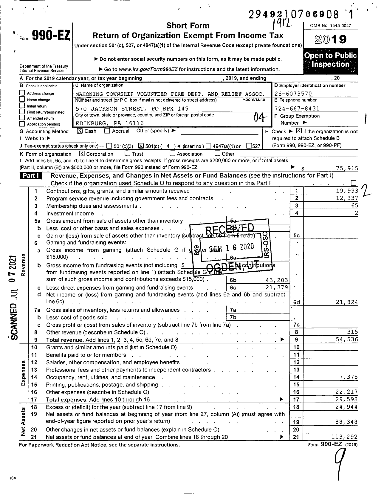 Image of first page of 2019 Form 990EO for Mahoning Township Volunteer Fire Department and Relief Association