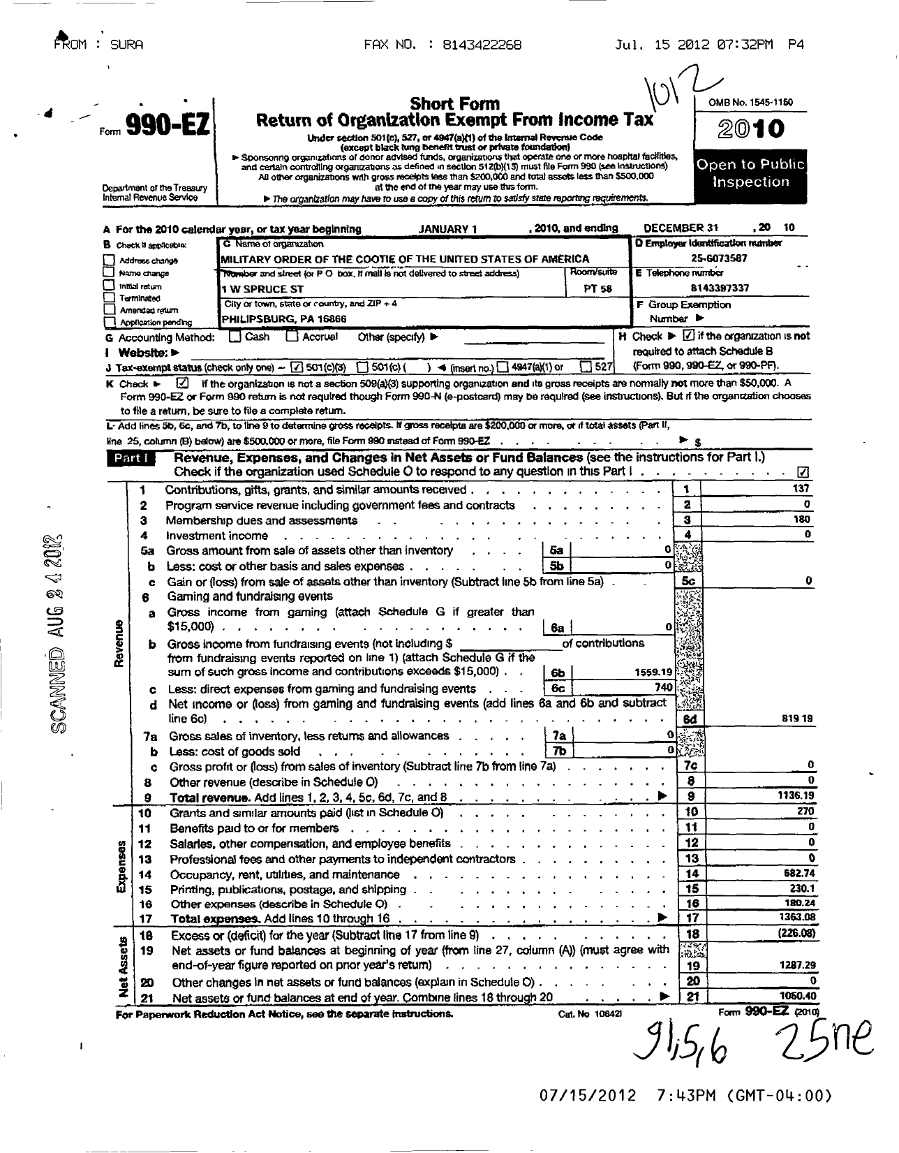 Image of first page of 2010 Form 990EZ for Military Order of the Cootie of the United States - 58 Mashannon Valley