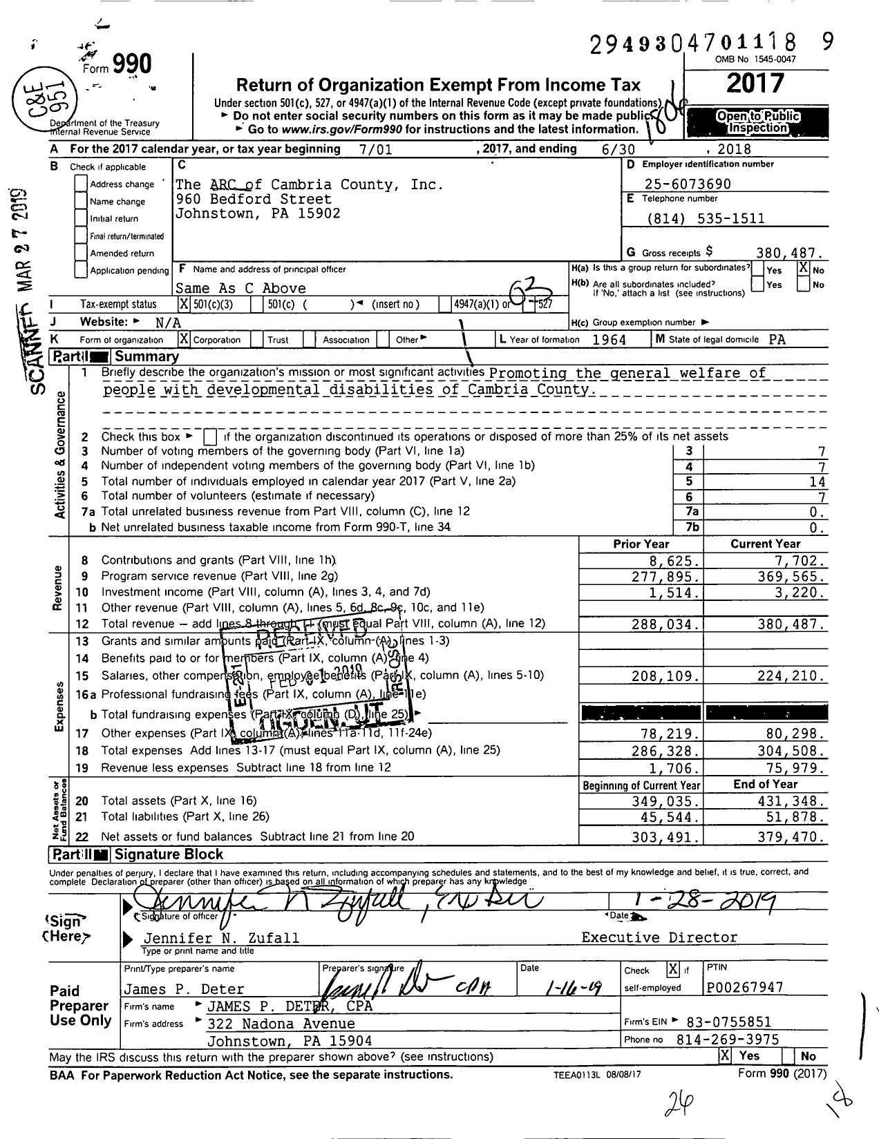 Image of first page of 2017 Form 990 for The Arc of Cambria County