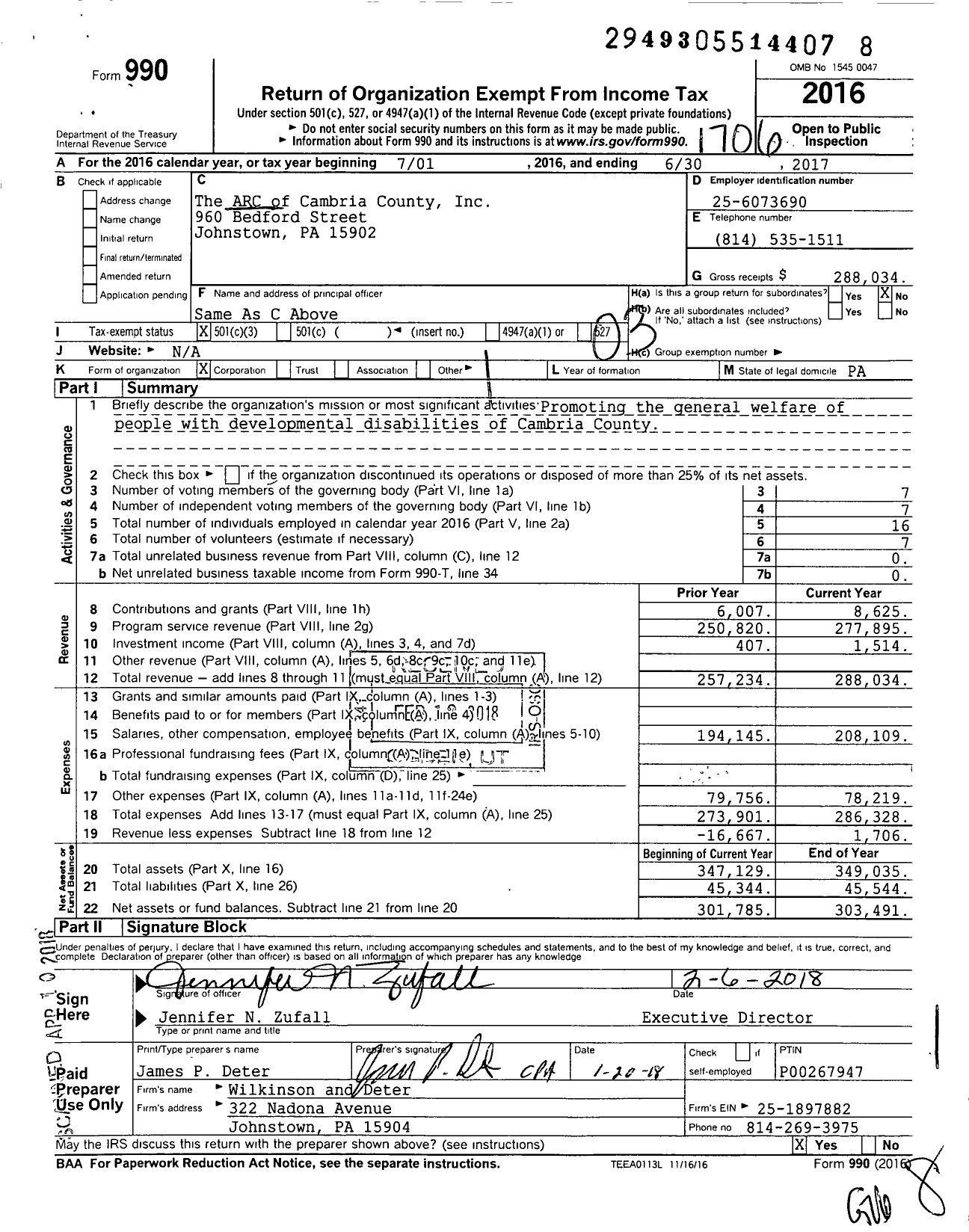 Image of first page of 2016 Form 990 for The Arc of Cambria County