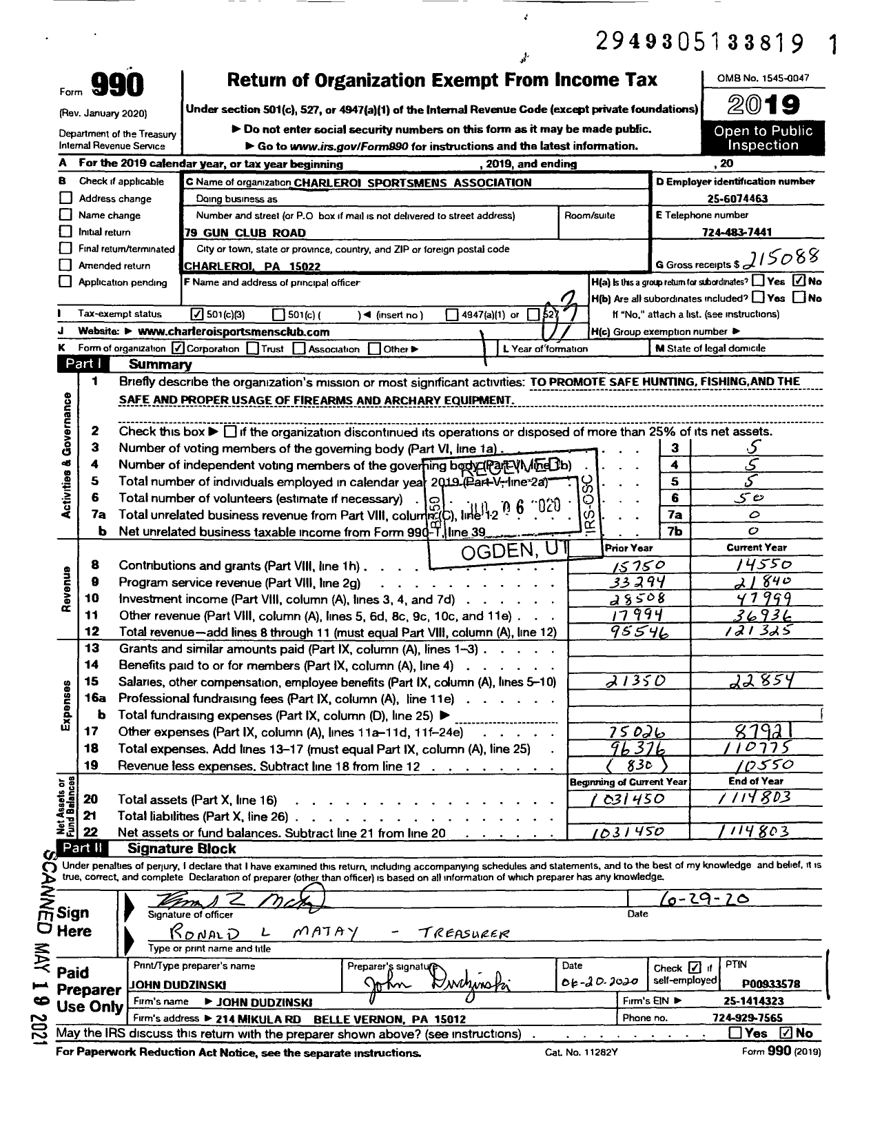 Image of first page of 2019 Form 990 for Charleroi Sportsmens Association