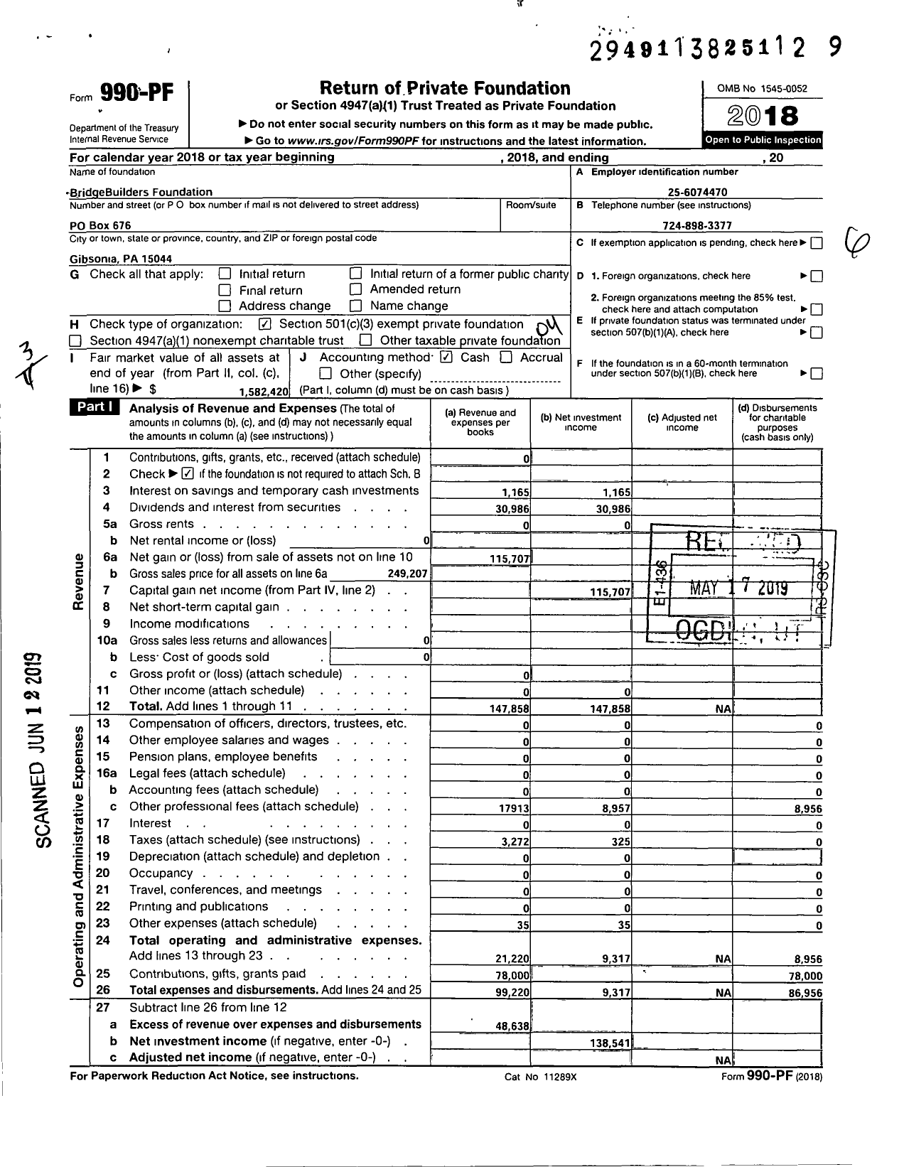 Image of first page of 2018 Form 990PF for BridgeBuilders Foundation