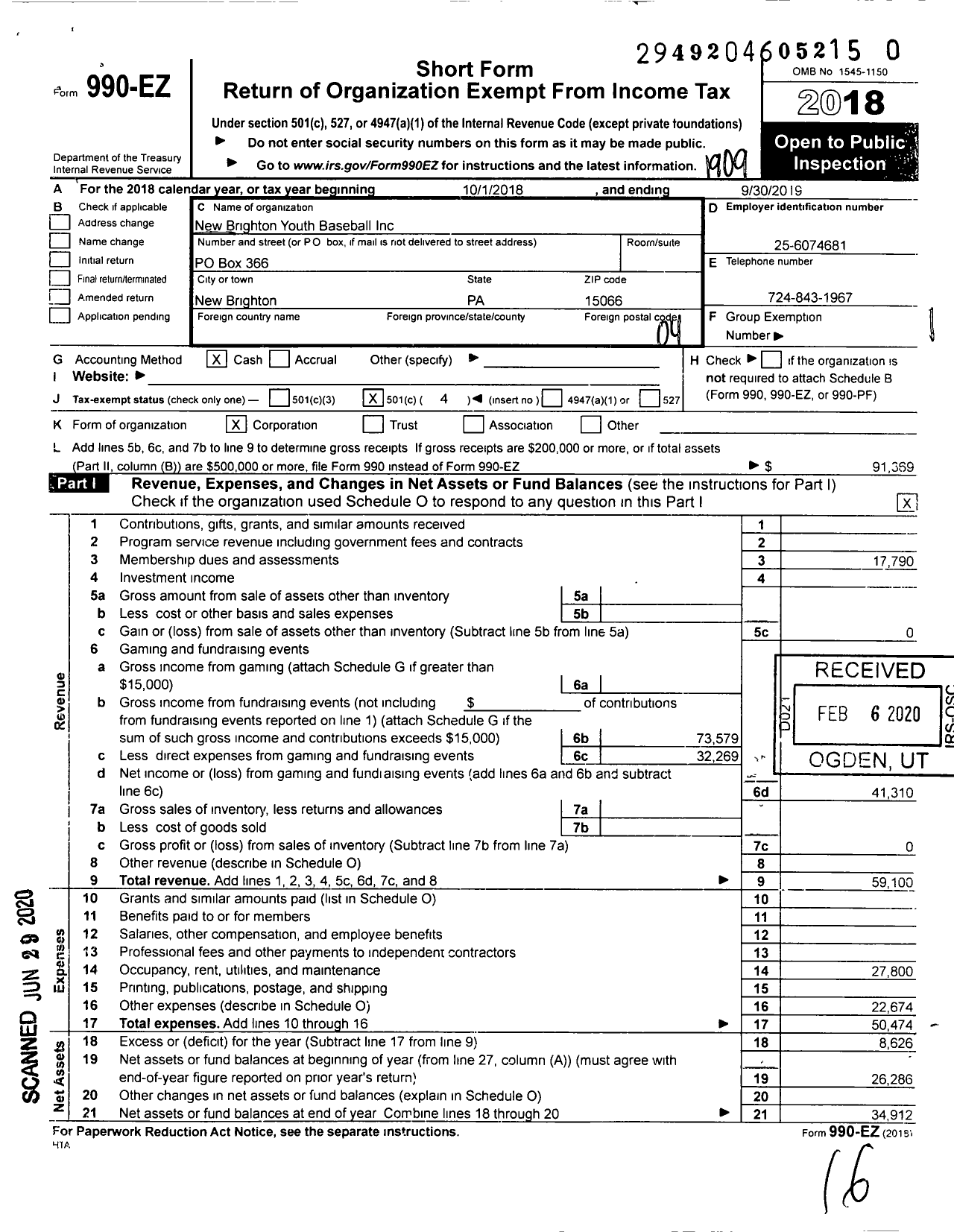 Image of first page of 2018 Form 990EO for New Brighton Youth Baseball