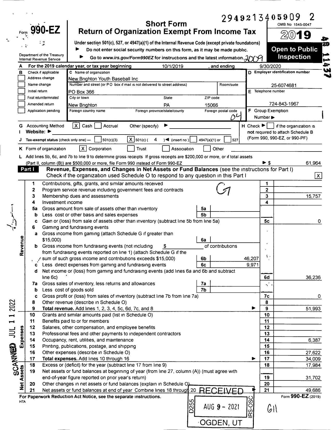 Image of first page of 2019 Form 990EO for New Brighton Youth Baseball