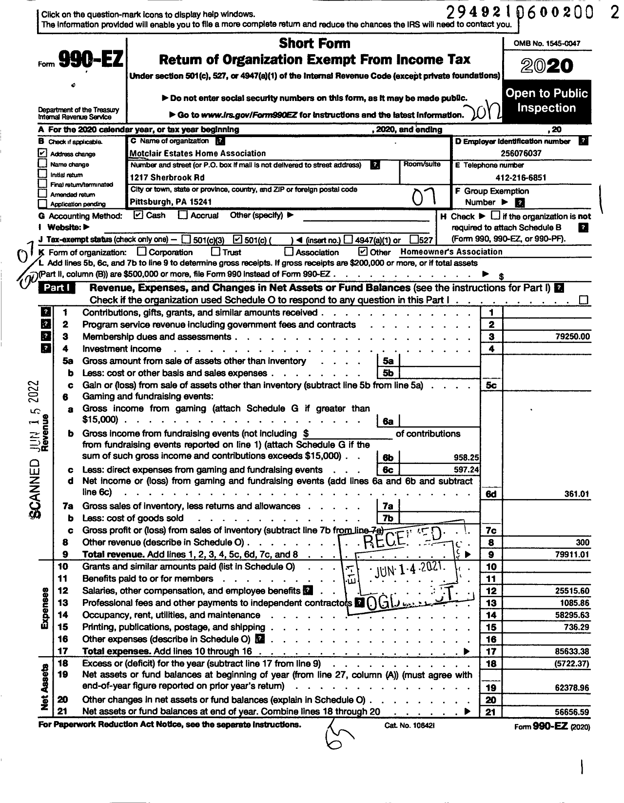 Image of first page of 2020 Form 990EO for Montclair Estates Homes Association