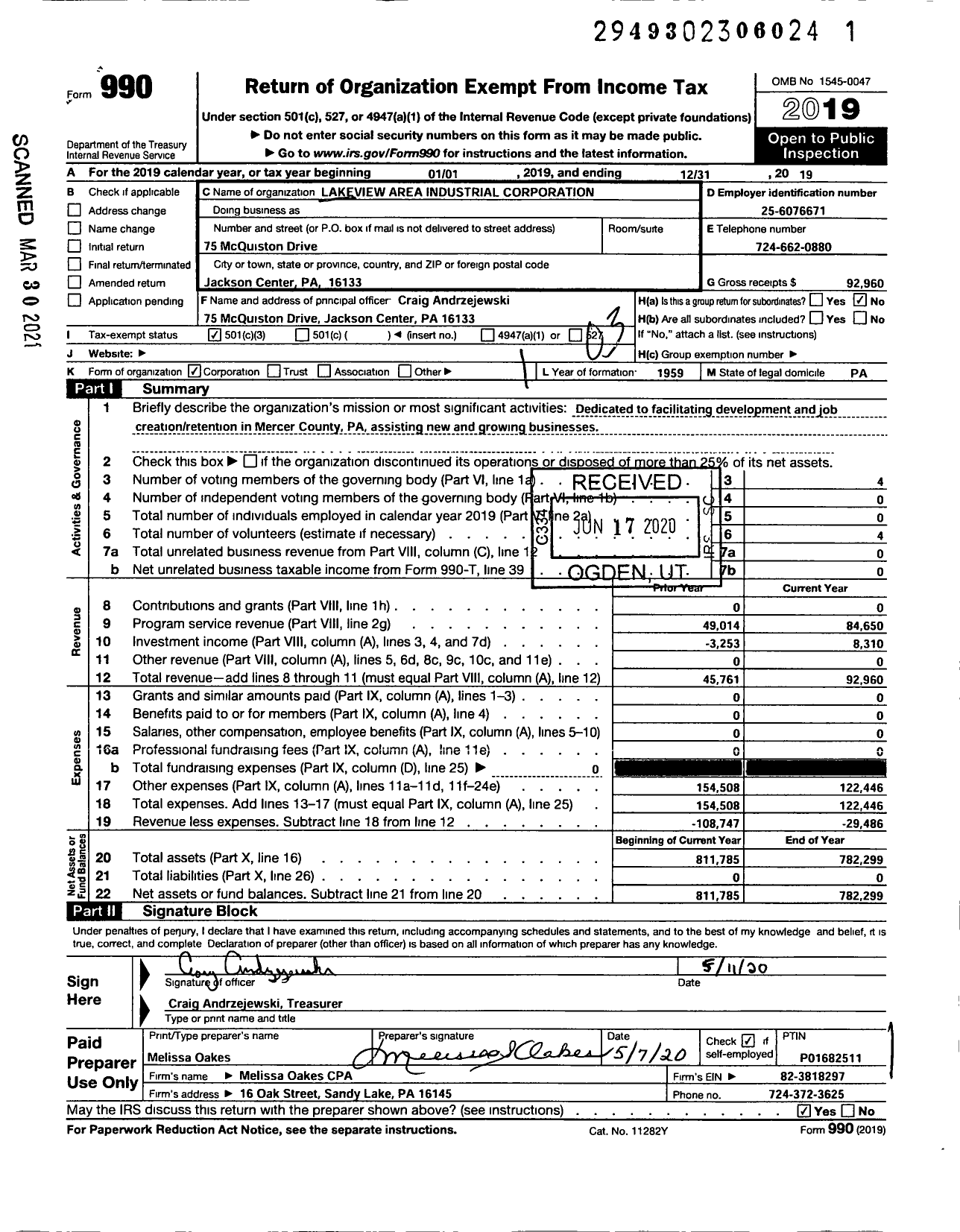 Image of first page of 2019 Form 990 for Lakeview Area Industrial Corporation