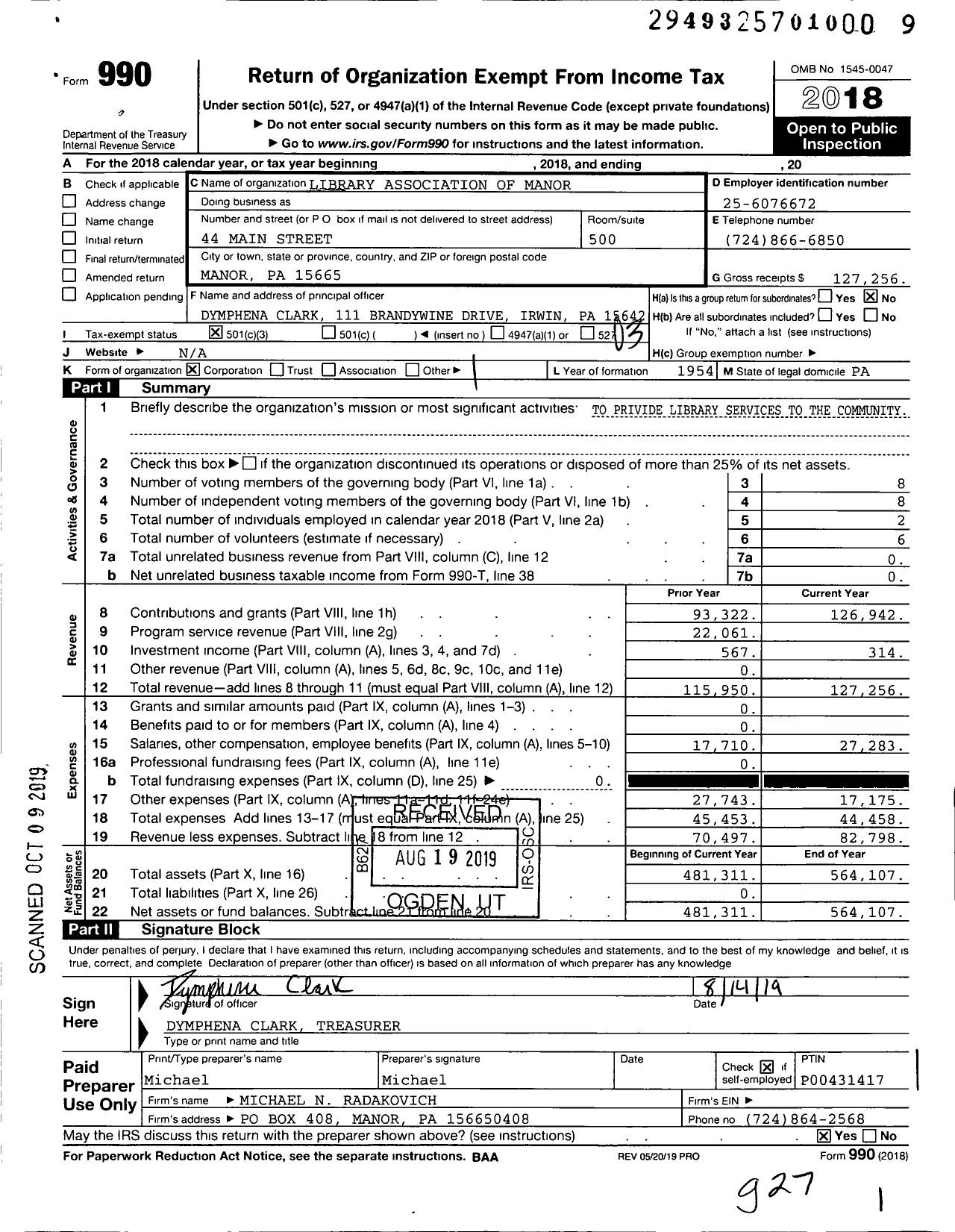 Image of first page of 2018 Form 990 for Library Association of Manor