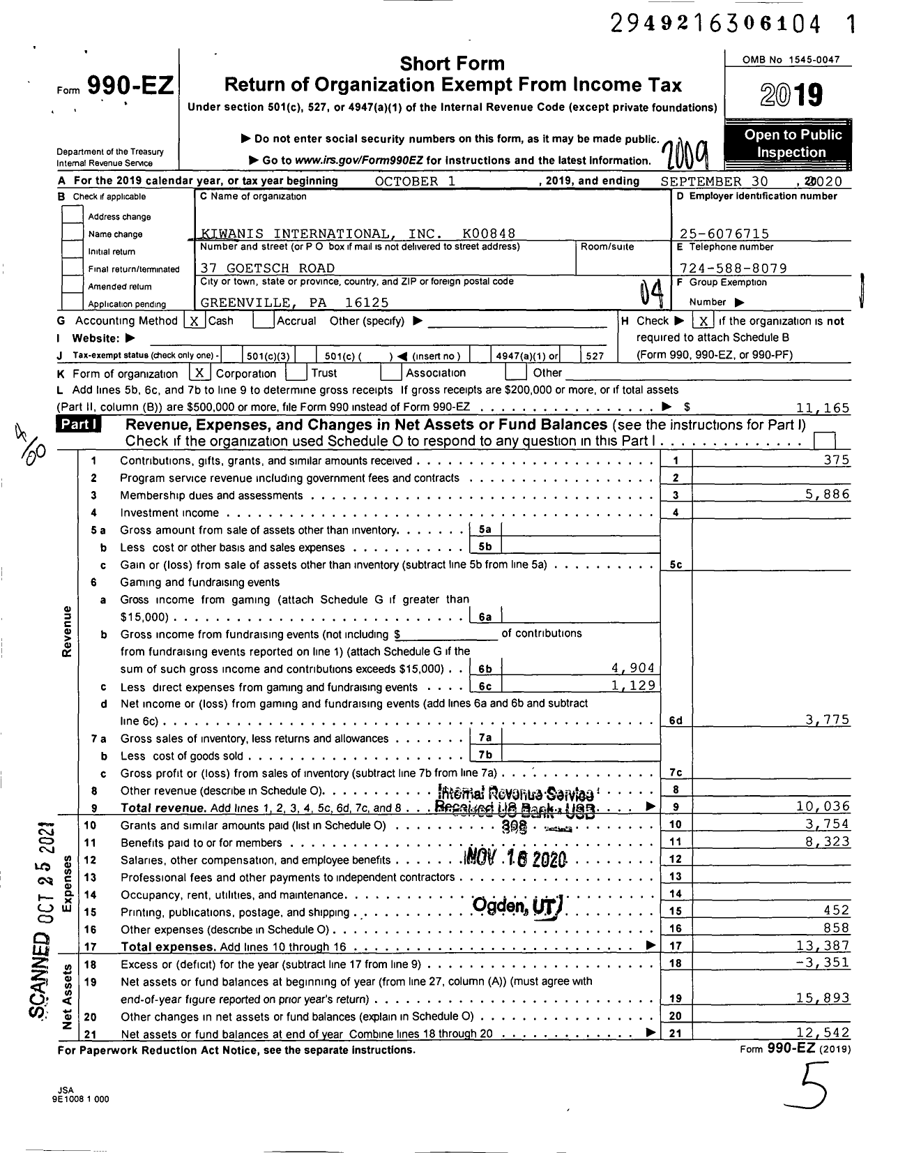 Image of first page of 2019 Form 990EO for Kiwanis International - K00848 Greenville