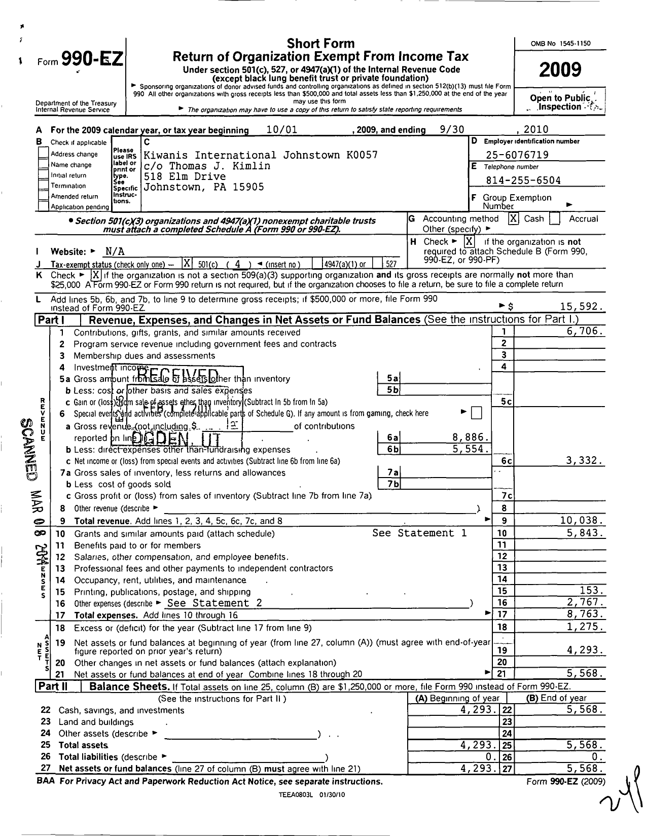 Image of first page of 2009 Form 990EO for Kiwanis International - K00057 Johnstown