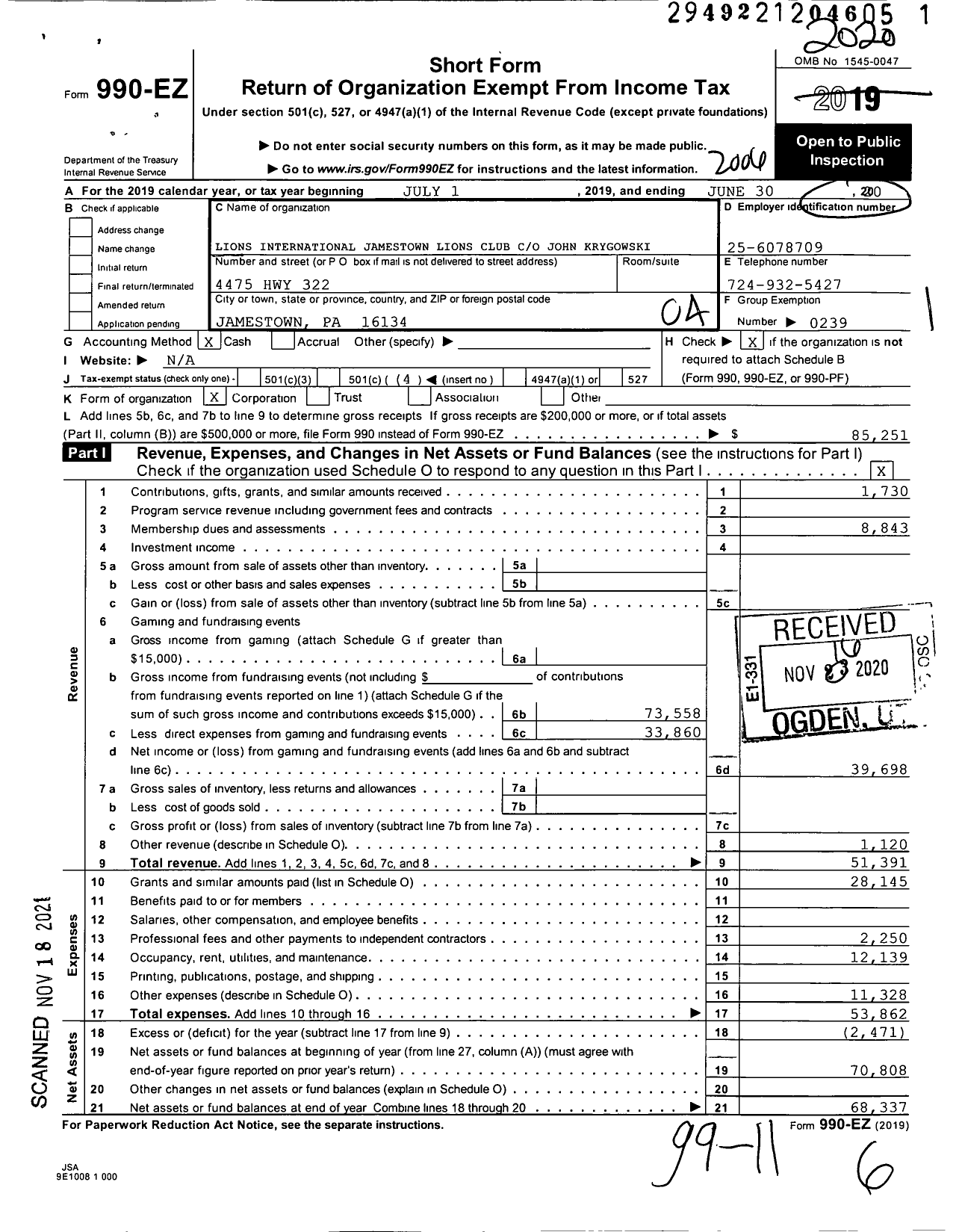 Image of first page of 2019 Form 990EO for Lions Clubs - 5967 Jamestown