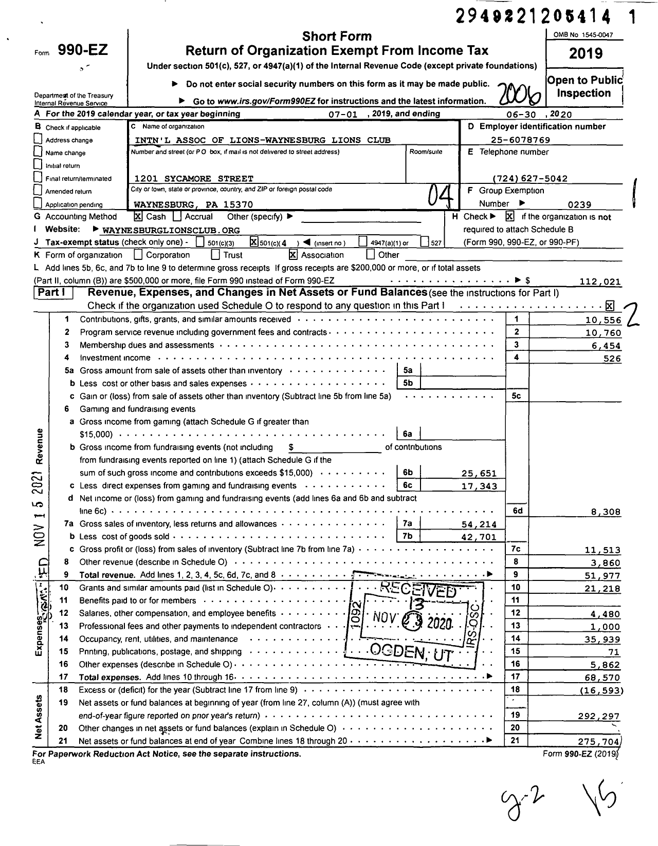 Image of first page of 2019 Form 990EO for Lions Clubs - Waynesburg Lions Club