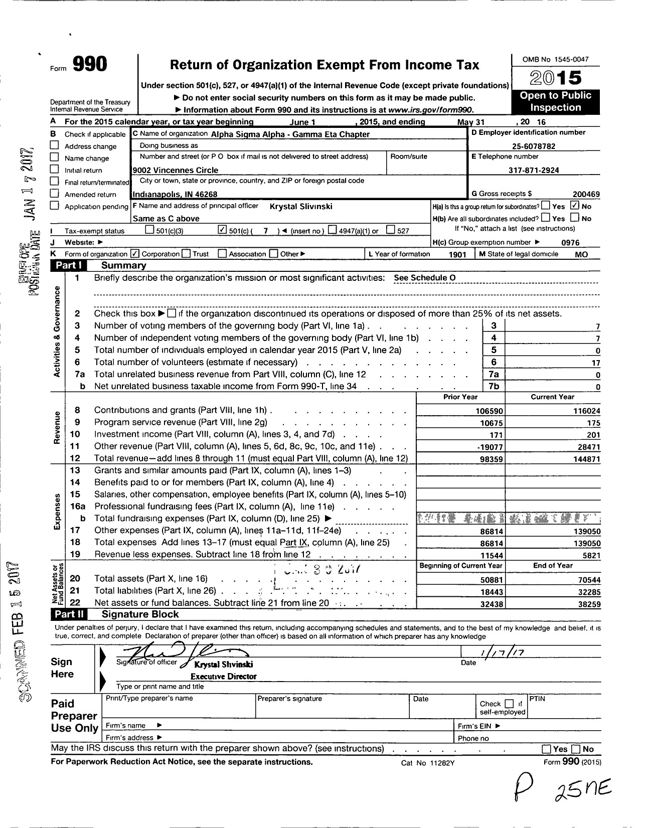 Image of first page of 2015 Form 990O for Alpha Sigma Alpha Sorority / Gamma Eta Chapter