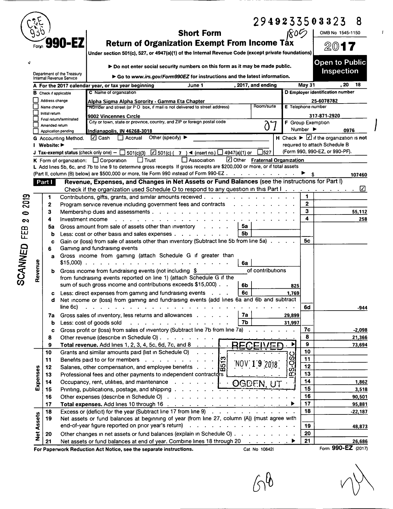 Image of first page of 2017 Form 990EO for Alpha Sigma Alpha Sorority / Gamma Eta Chapter