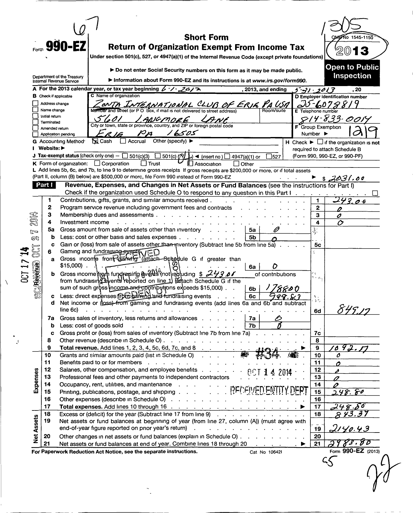 Image of first page of 2012 Form 990EO for Zonta International / Erie