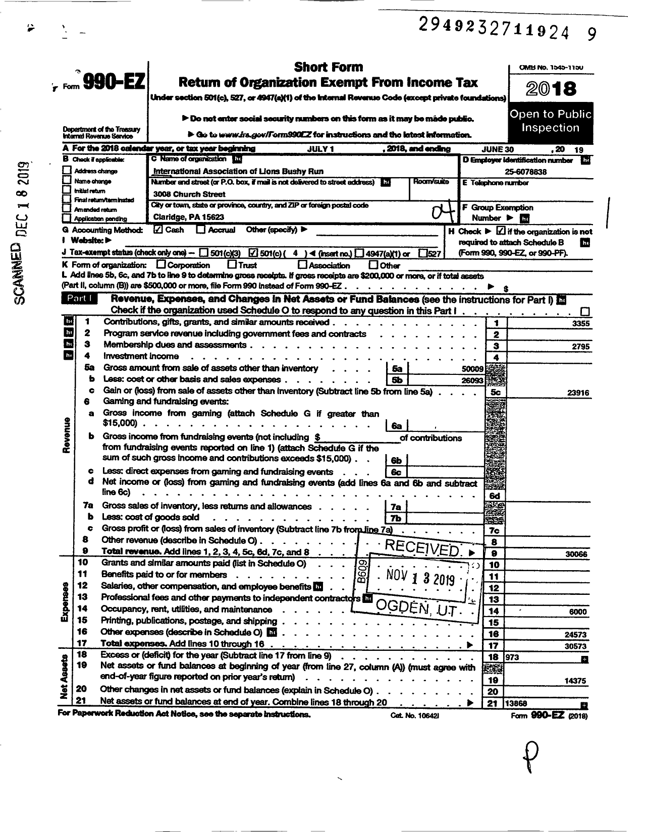 Image of first page of 2018 Form 990EO for Lions Clubs - 5916 Bushy Run