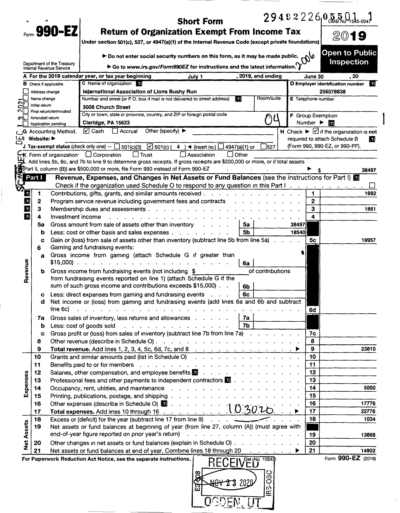 Image of first page of 2019 Form 990EO for Lions Clubs - 5916 Bushy Run