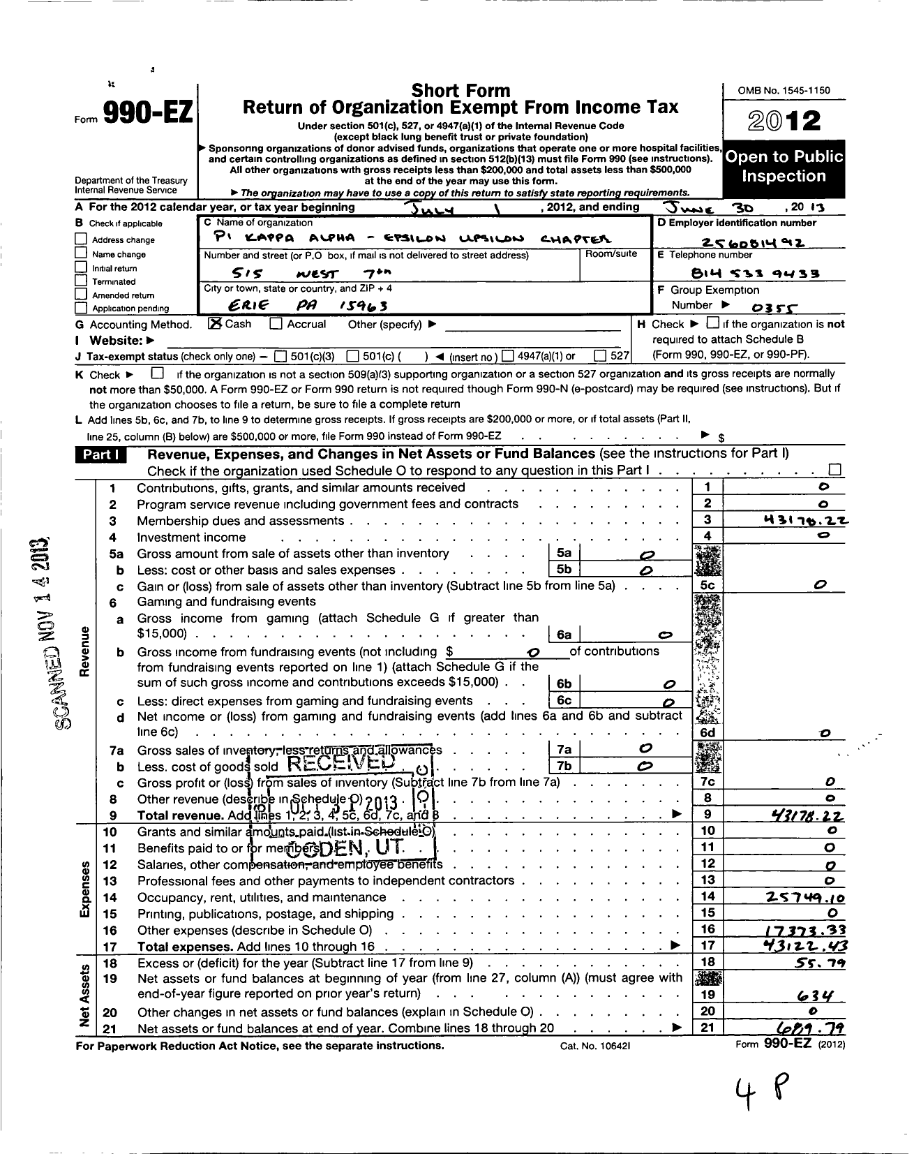 Image of first page of 2012 Form 990EO for Epsilon Upsilon Chapter of the Pi Kappa Alpha Fraternity