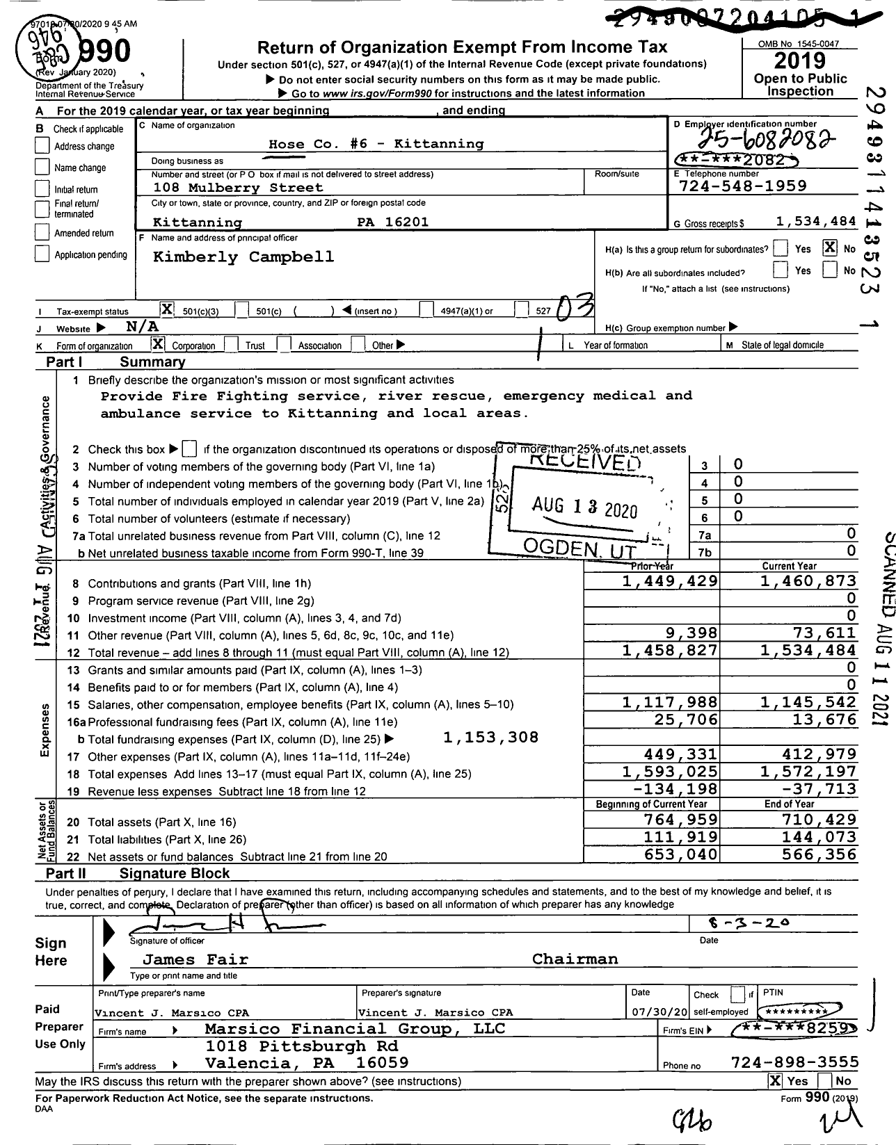 Image of first page of 2019 Form 990 for Hose 6 - Kittanning