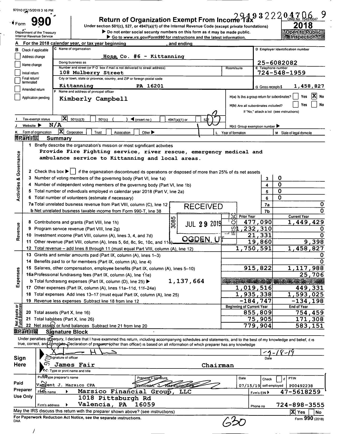 Image of first page of 2018 Form 990 for Hose 6 - Kittanning