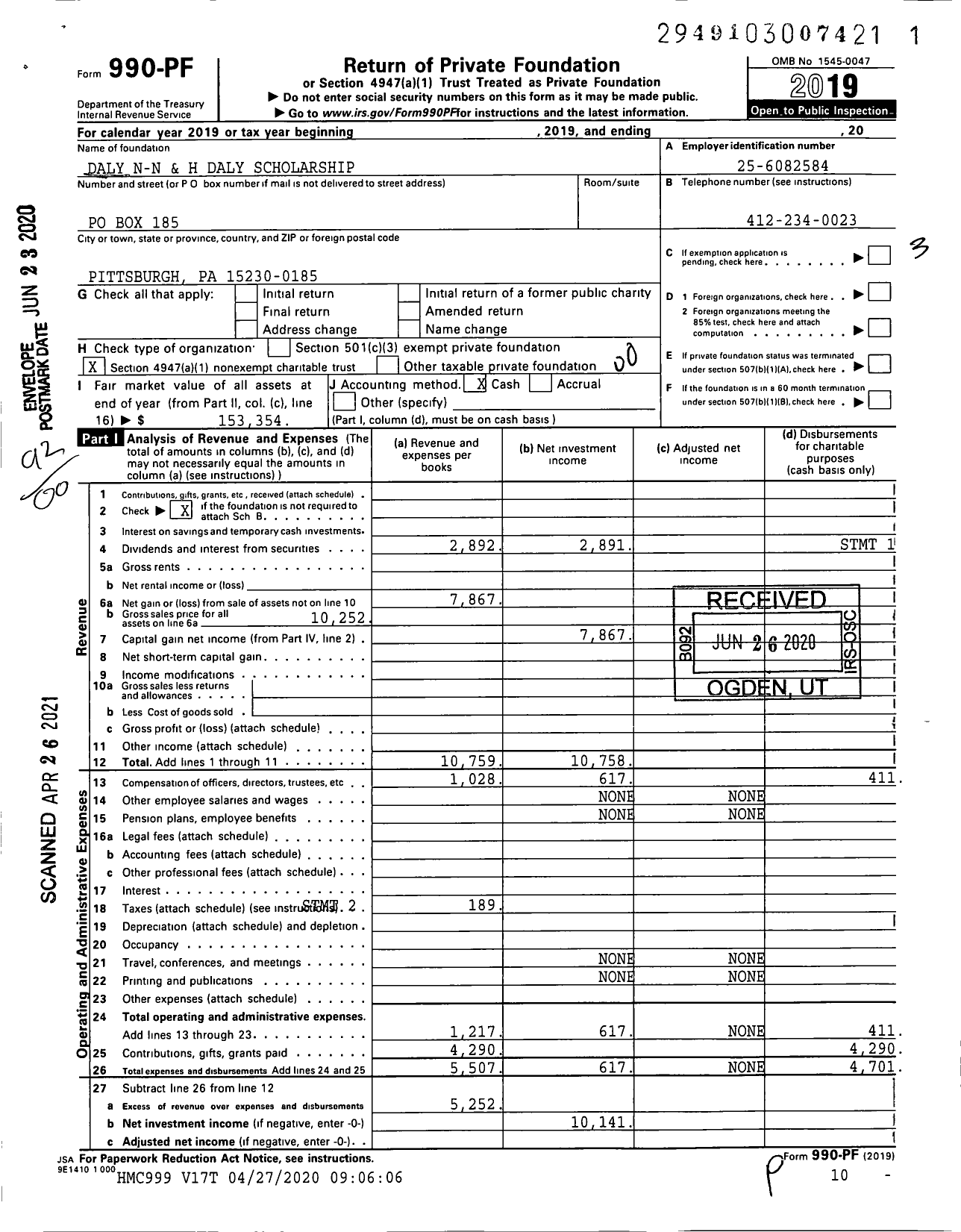 Image of first page of 2019 Form 990PF for Daly N-N and H Daly Scholarship