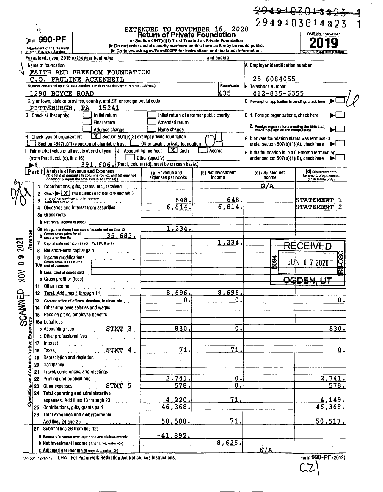 Image of first page of 2019 Form 990PF for Faith and Freedom Foundation