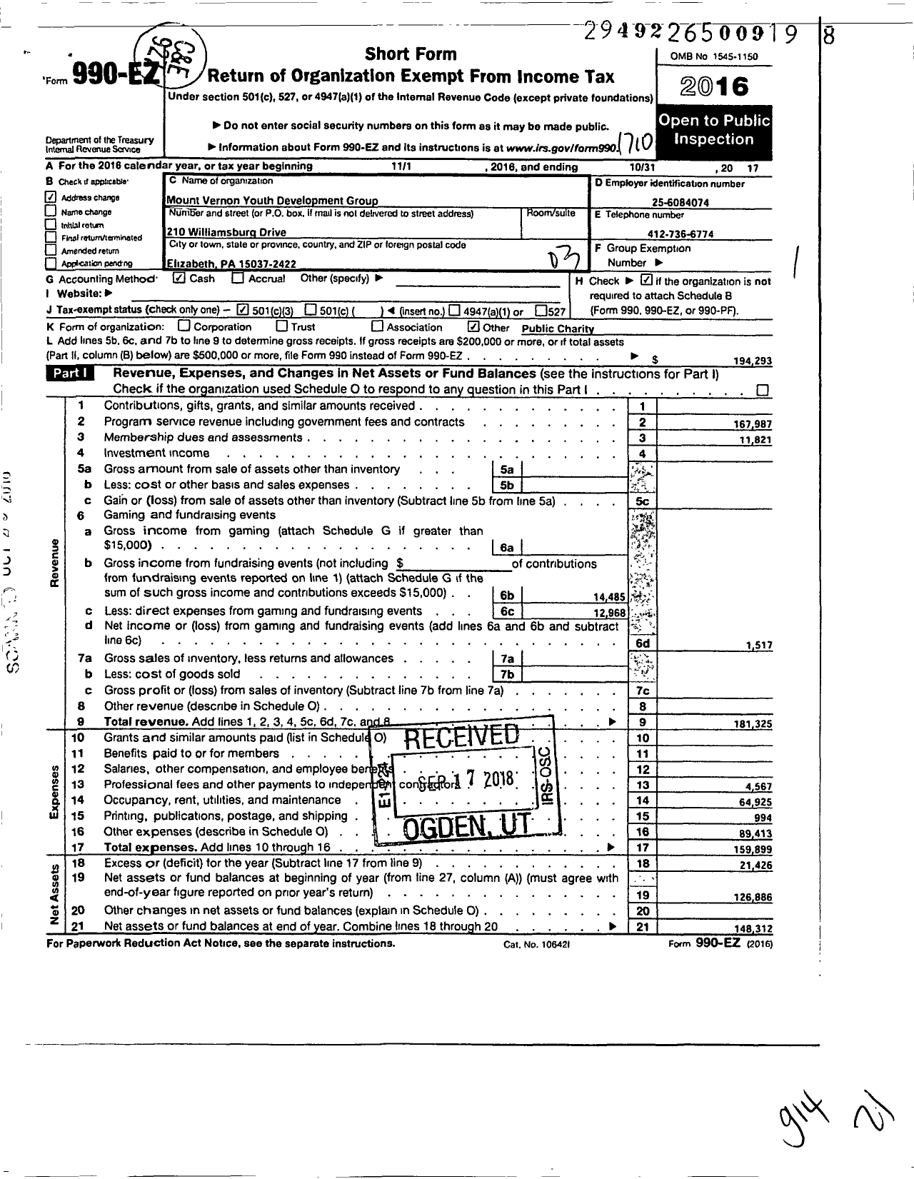 Image of first page of 2016 Form 990EZ for Mt Vernon Youth Development Group