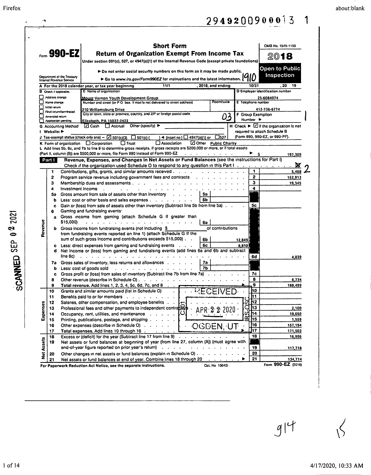 Image of first page of 2018 Form 990EZ for Mt Vernon Youth Development Group