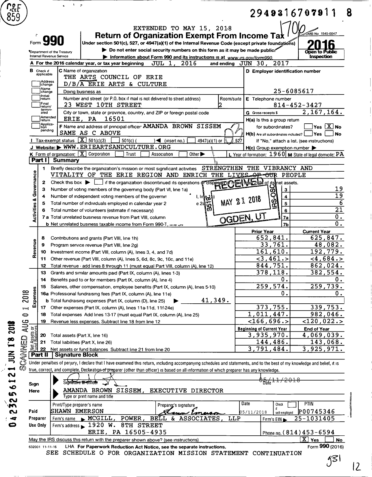 Image of first page of 2016 Form 990 for Erie Arts and Culture