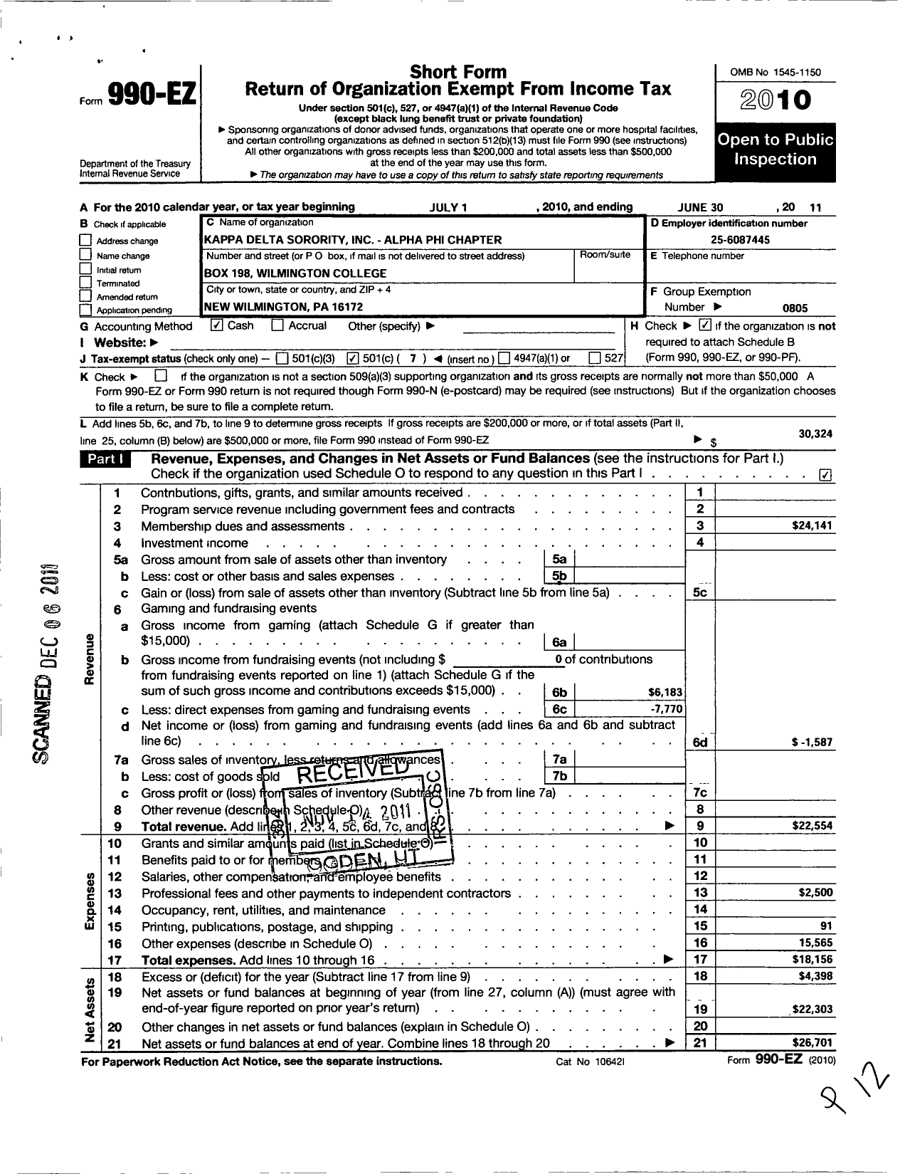 Image of first page of 2010 Form 990EO for Kappa Delta Sorority - Alpha Phi