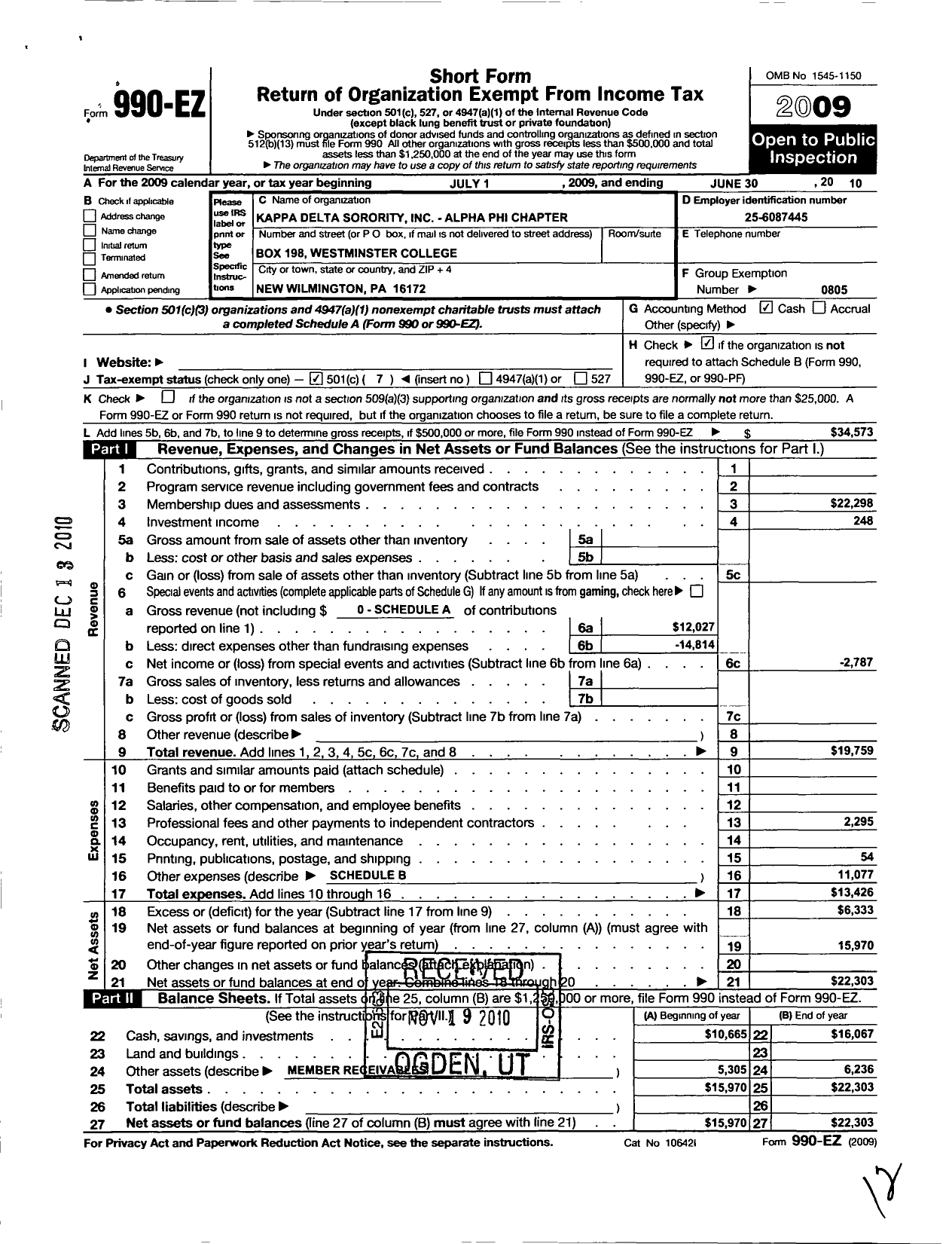 Image of first page of 2009 Form 990EO for Kappa Delta Sorority - Alpha Phi