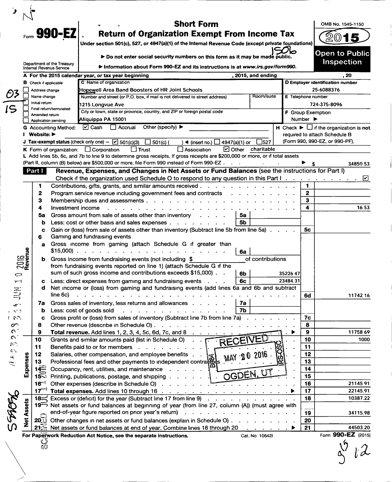 Image of first page of 2014 Form 990EZ for Hopewell Band Boosters of the H I R Joint School