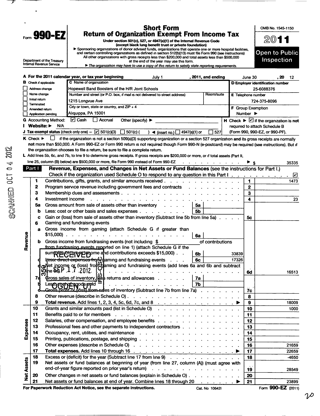 Image of first page of 2011 Form 990EZ for Hopewell Band Boosters of the H I R Joint School