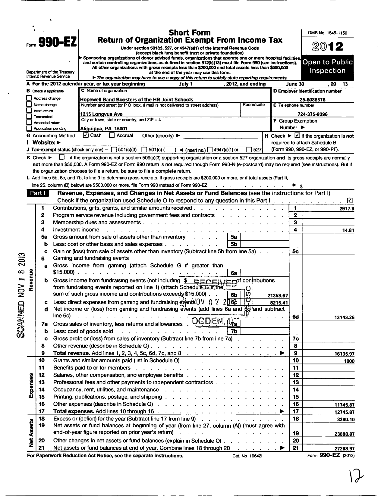 Image of first page of 2012 Form 990EO for Hopewell Band Boosters of the H I R Joint School