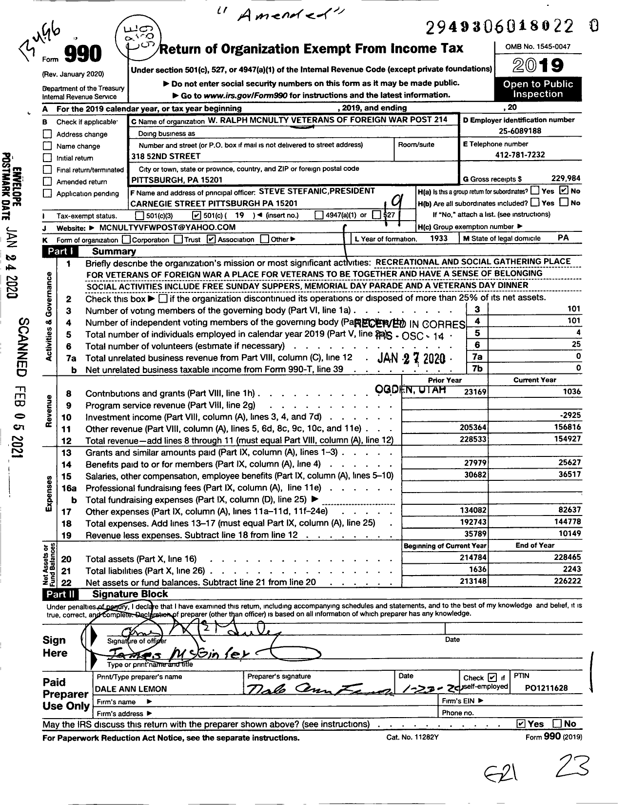 Image of first page of 2019 Form 990O for VFW Department of Pennsylvania - W Ralph Mcnulty VFW Post 214