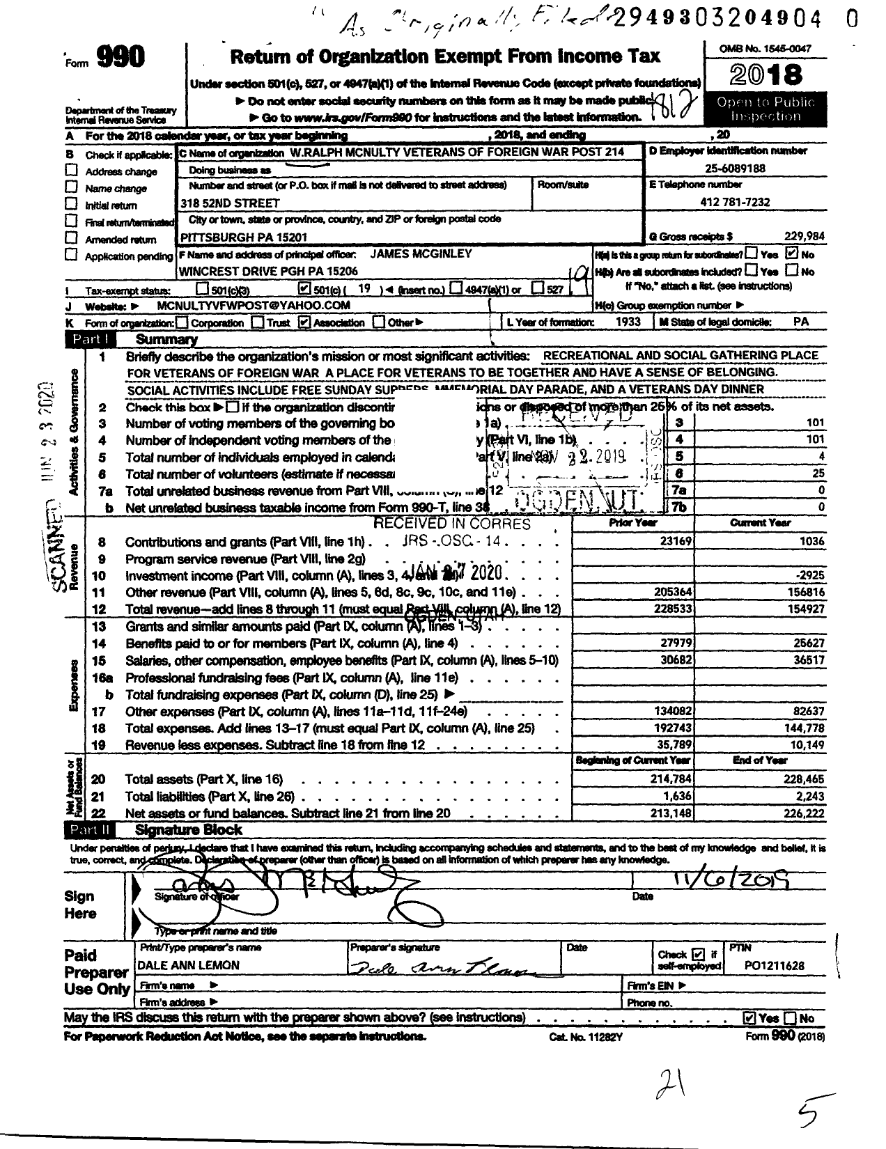 Image of first page of 2018 Form 990O for VFW Department of Pennsylvania - W Ralph Mcnulty VFW Post 214