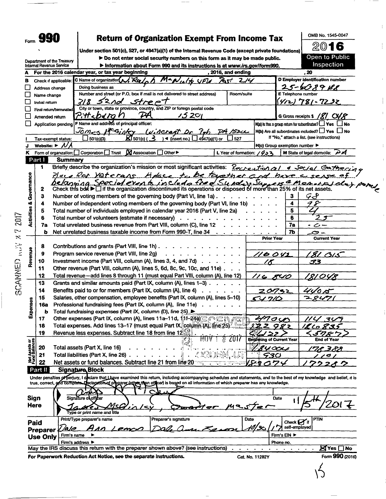 Image of first page of 2016 Form 990 for VFW Department of Pennsylvania - W Ralph Mcnulty VFW Post 214