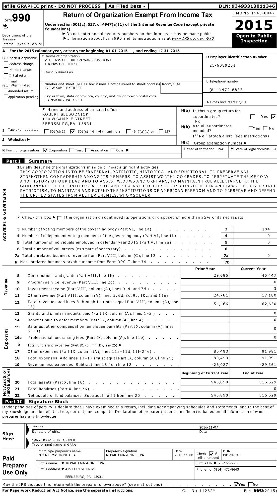 Image of first page of 2015 Form 990O for VFW Department of Pennsylvania - 4963 Vfw-Penn